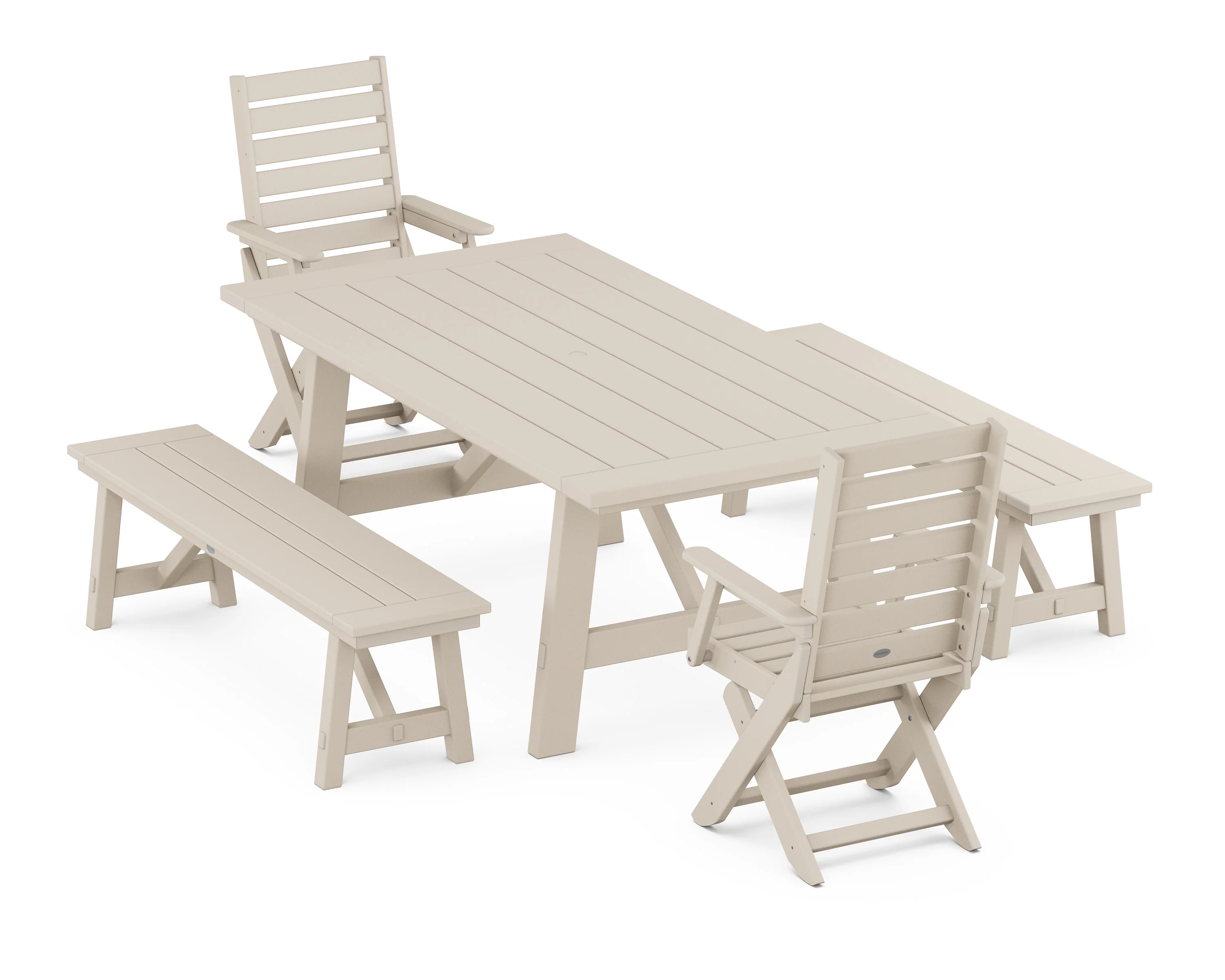 Captain Folding Chair 5-Piece Rustic Farmhouse Dining Set With Benches - Image 6