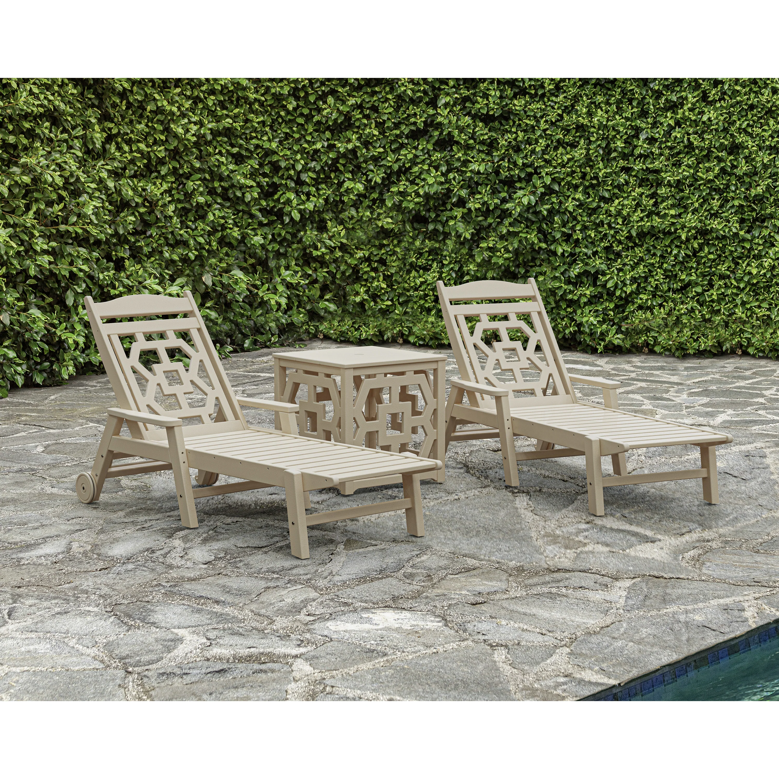 Chinoiserie 3-Piece Chaise Set with Umbrella Stand Accent Table - Image 3