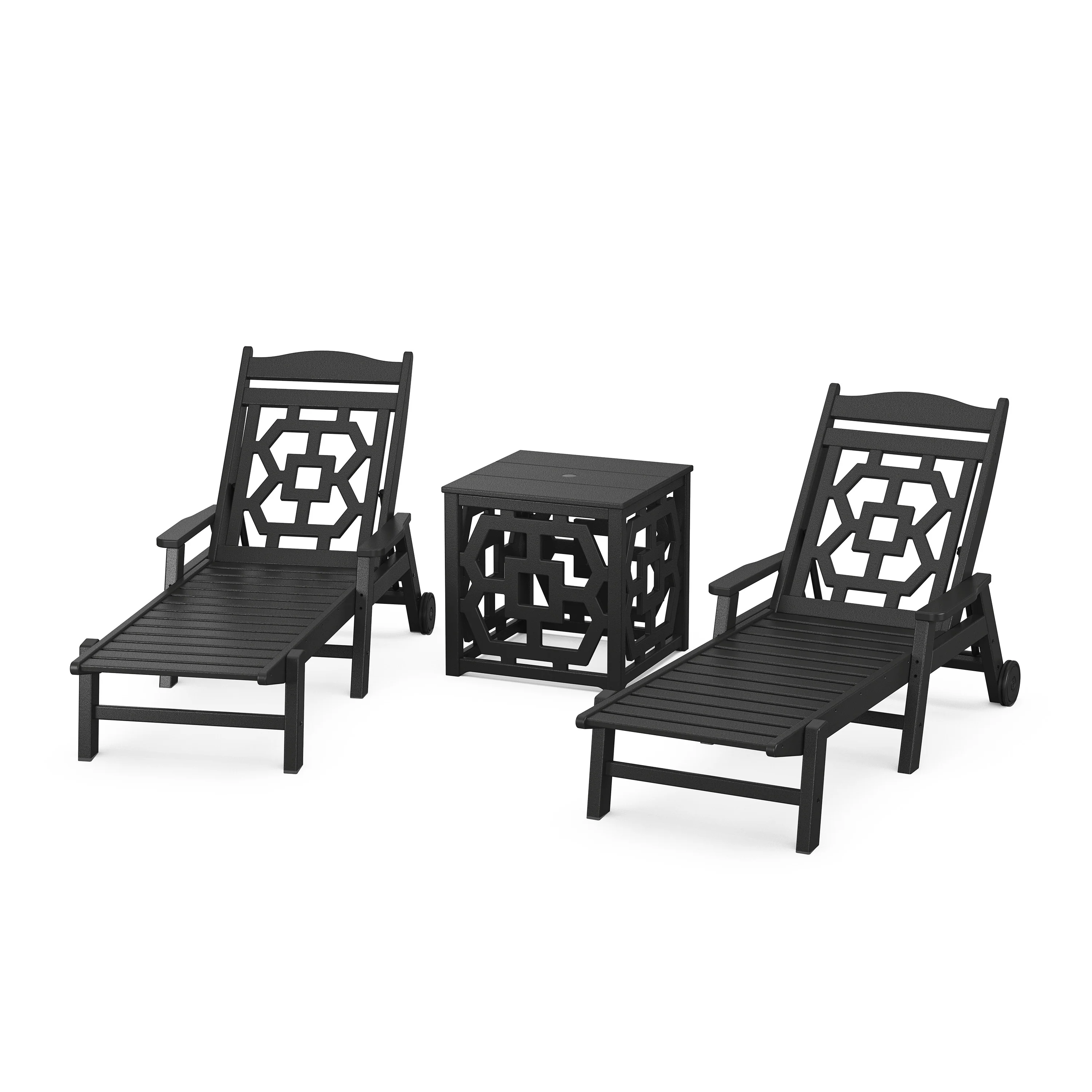 Chinoiserie 3-Piece Chaise Set with Umbrella Stand Accent Table - Image 4