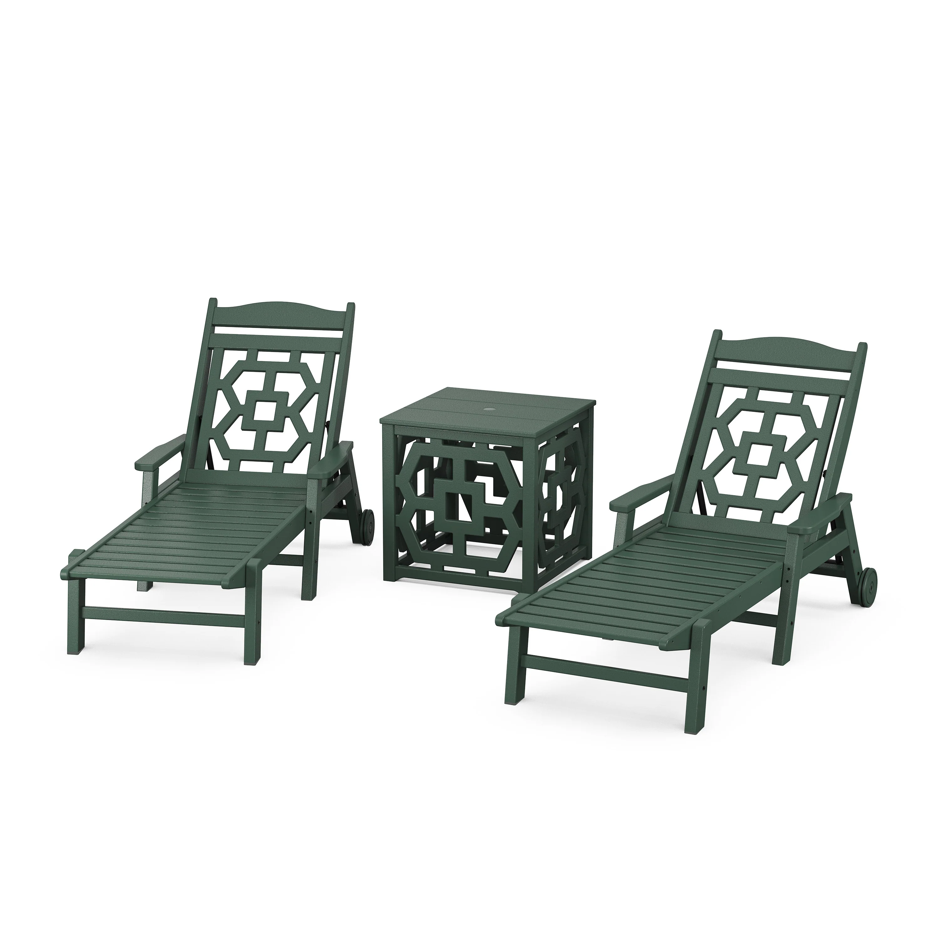 Chinoiserie 3-Piece Chaise Set with Umbrella Stand Accent Table - Image 5