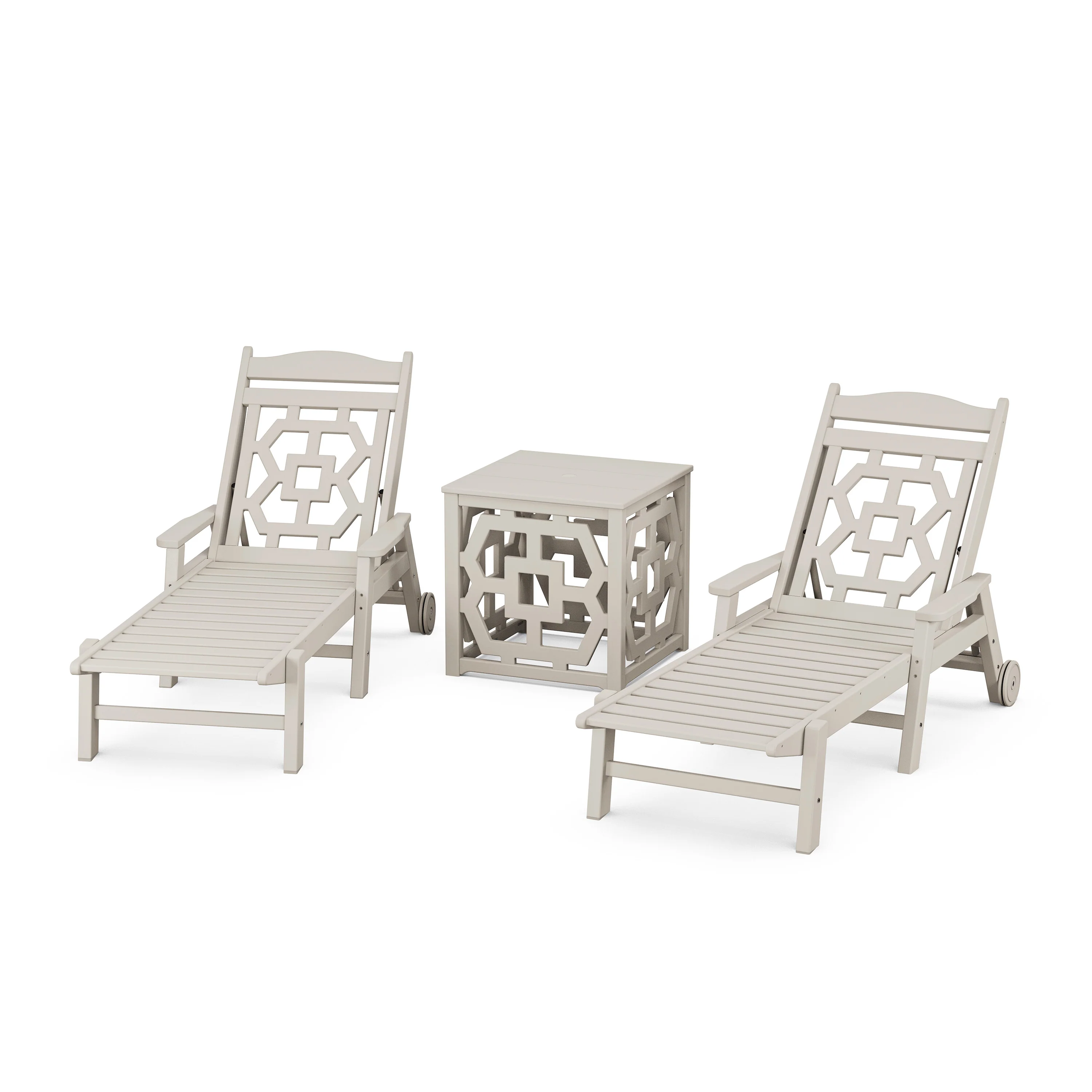 Chinoiserie 3-Piece Chaise Set with Umbrella Stand Accent Table - Image 9