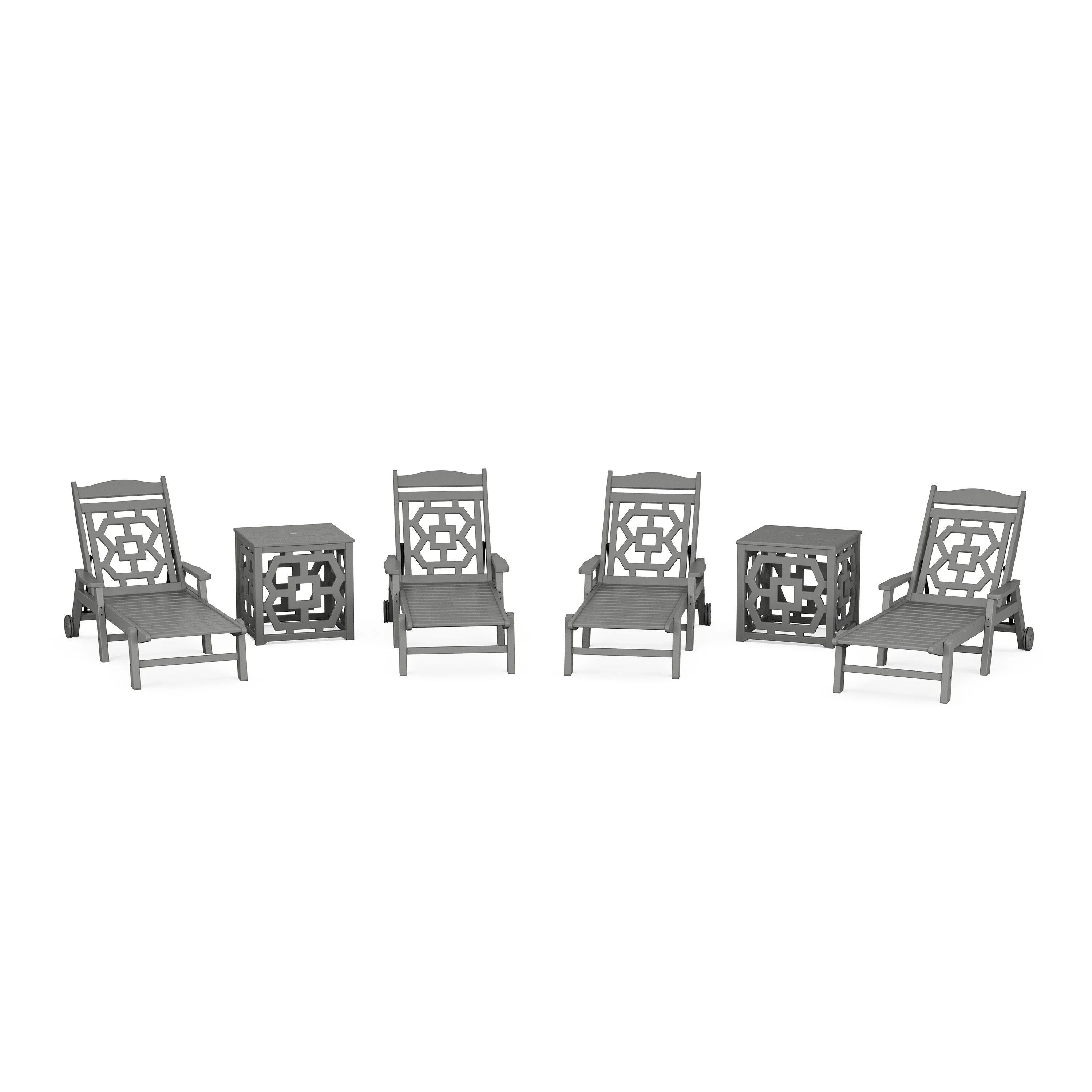 Chinoiserie 6-Piece Chaise Set with Umbrella Stand Accent Table