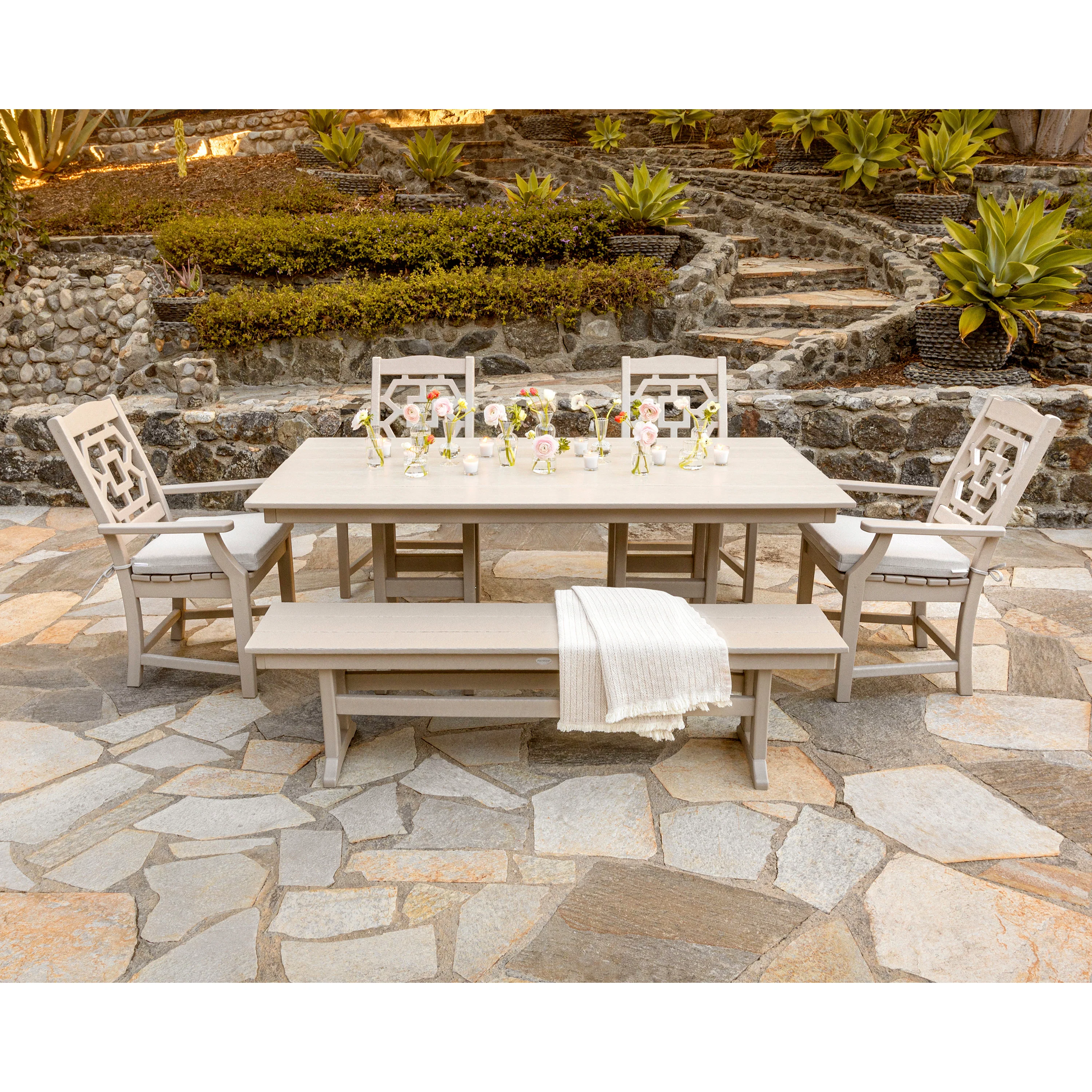 Chinoiserie 6-Piece Farmhouse Dining Set with Bench - Image 4