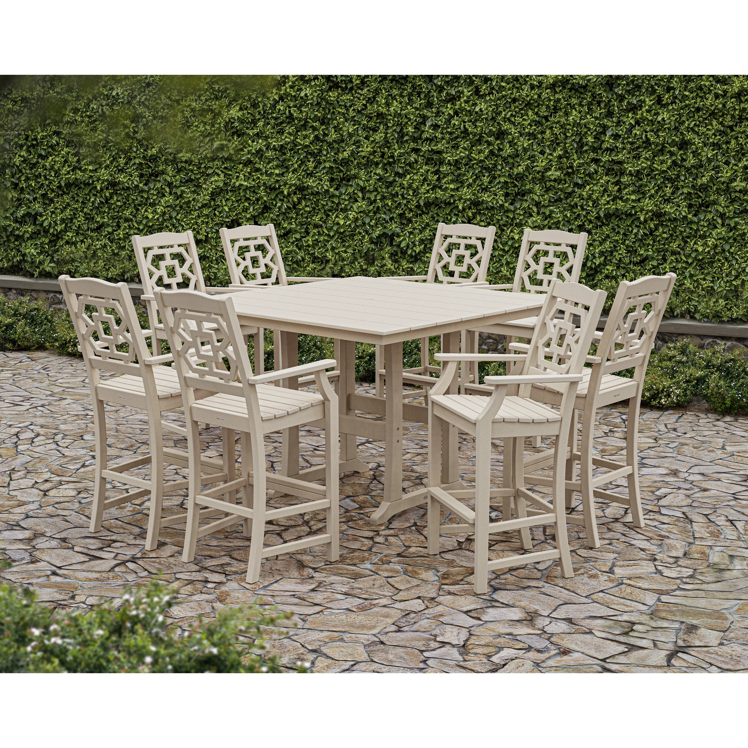 Chinoiserie 9-Piece Square Farmhouse Bar Set with Trestle Legs - Image 4