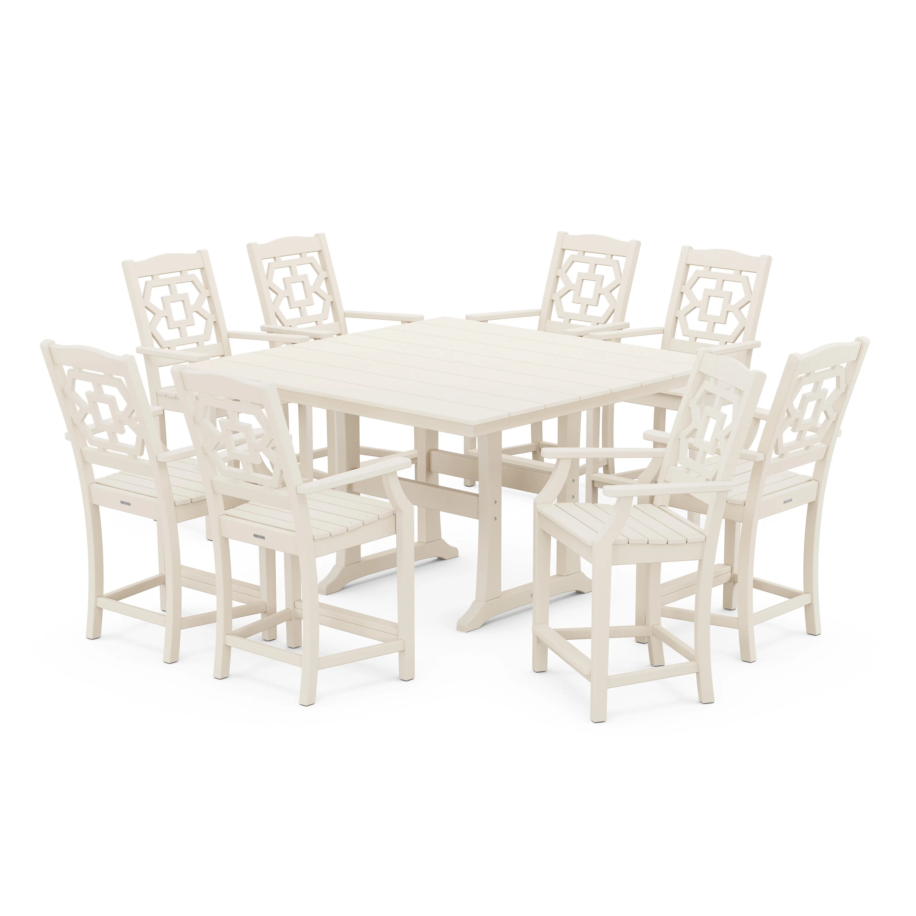 Chinoiserie 9-Piece Square Farmhouse Counter Set with Trestle Legs - Image 6