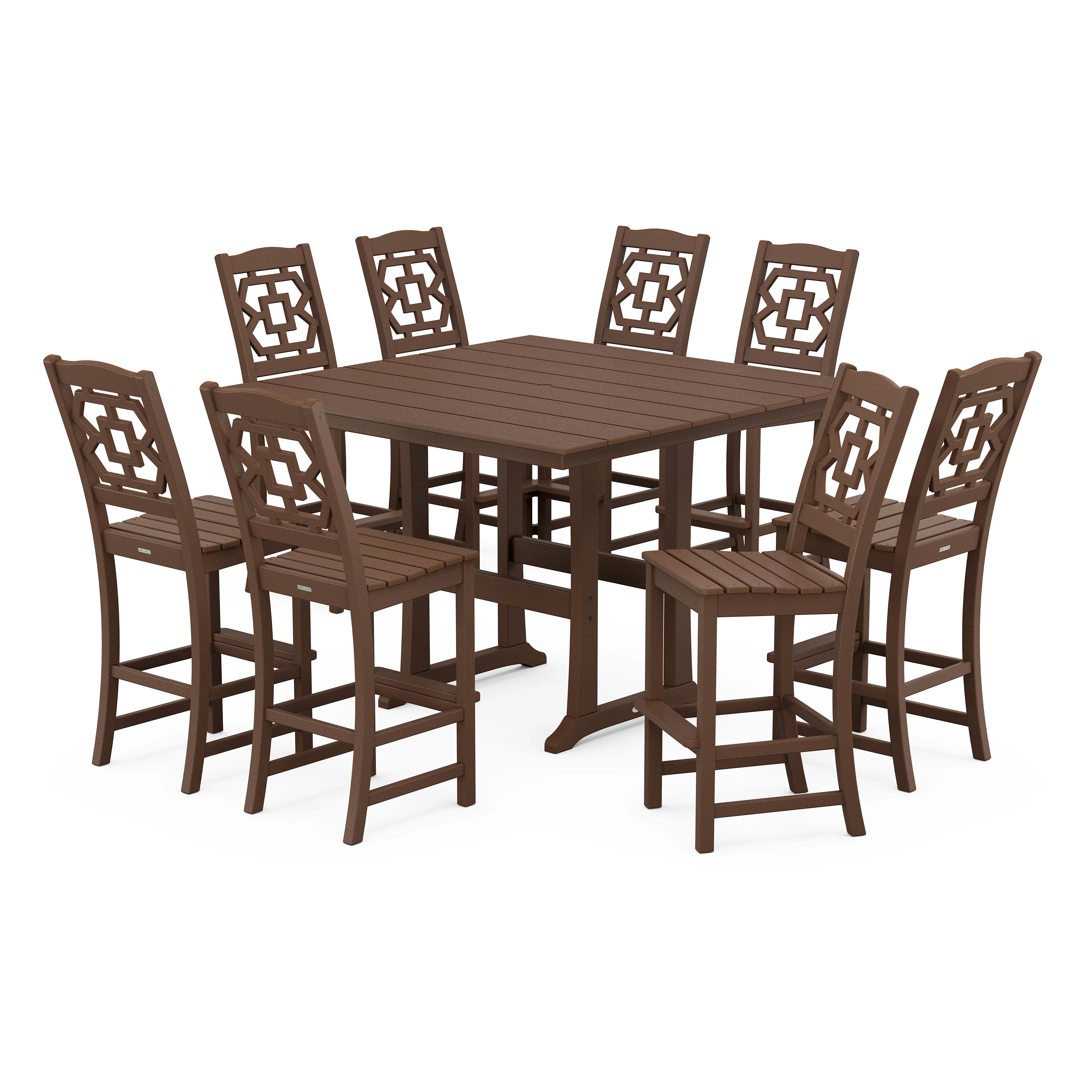 Chinoiserie 9-Piece Square Farmhouse Side Chair Bar Set with Trestle Legs - Image 10