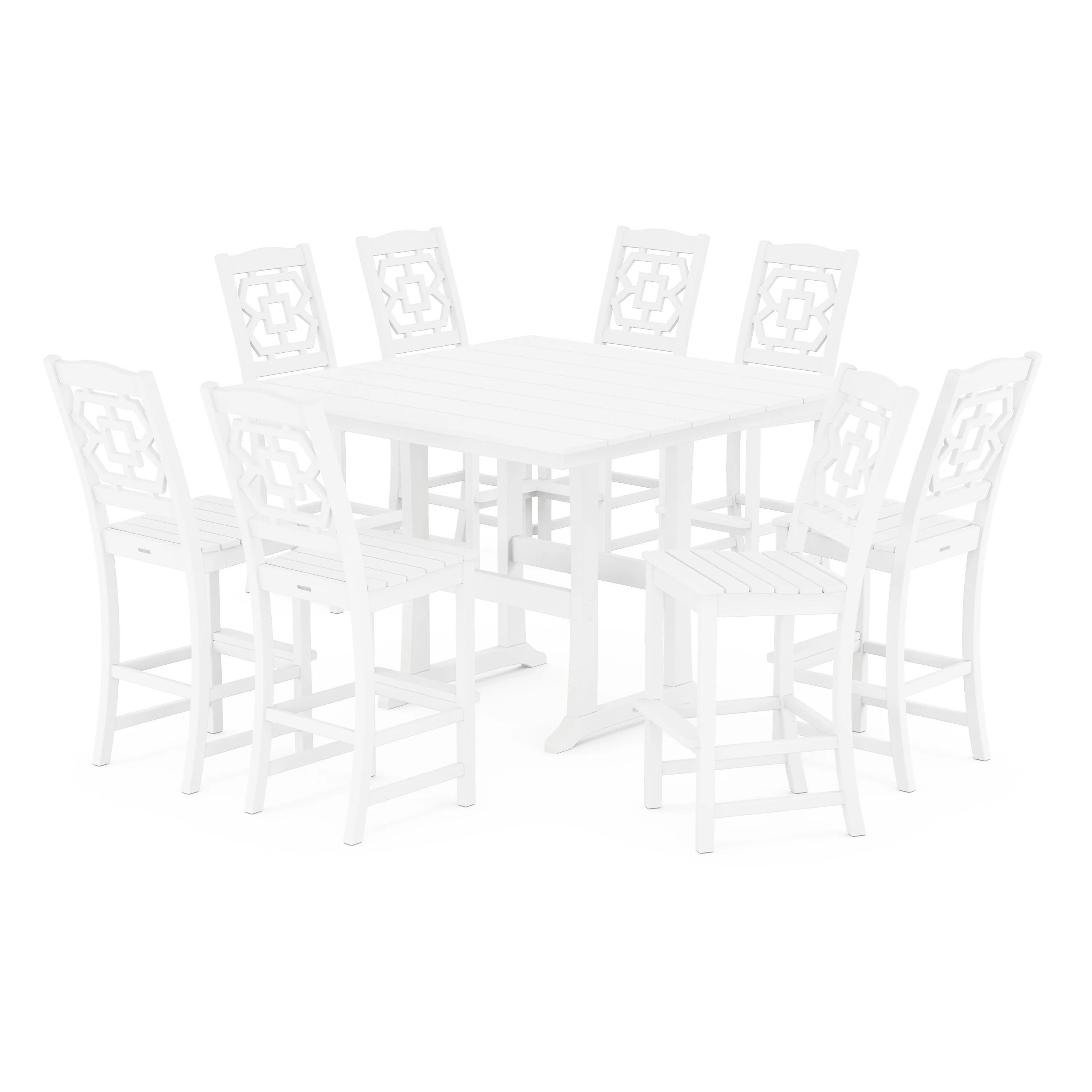 Chinoiserie 9-Piece Square Farmhouse Side Chair Bar Set with Trestle Legs - Image 5
