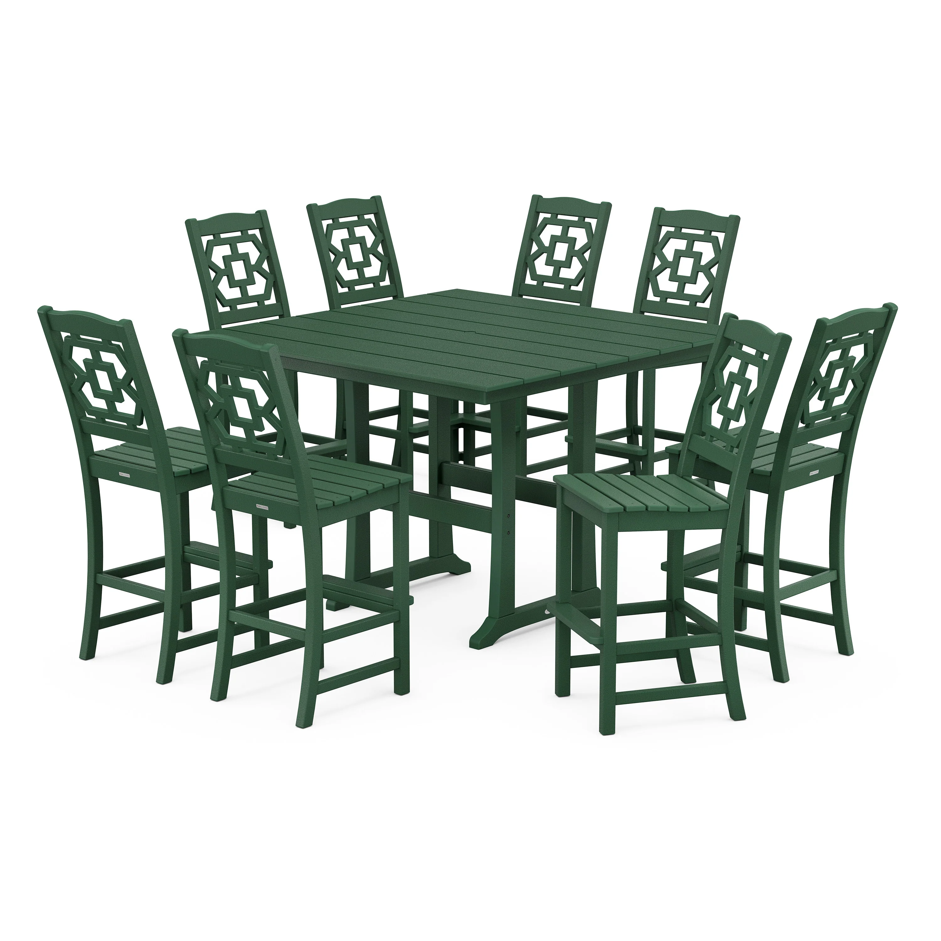 Chinoiserie 9-Piece Square Farmhouse Side Chair Bar Set with Trestle Legs - Image 6