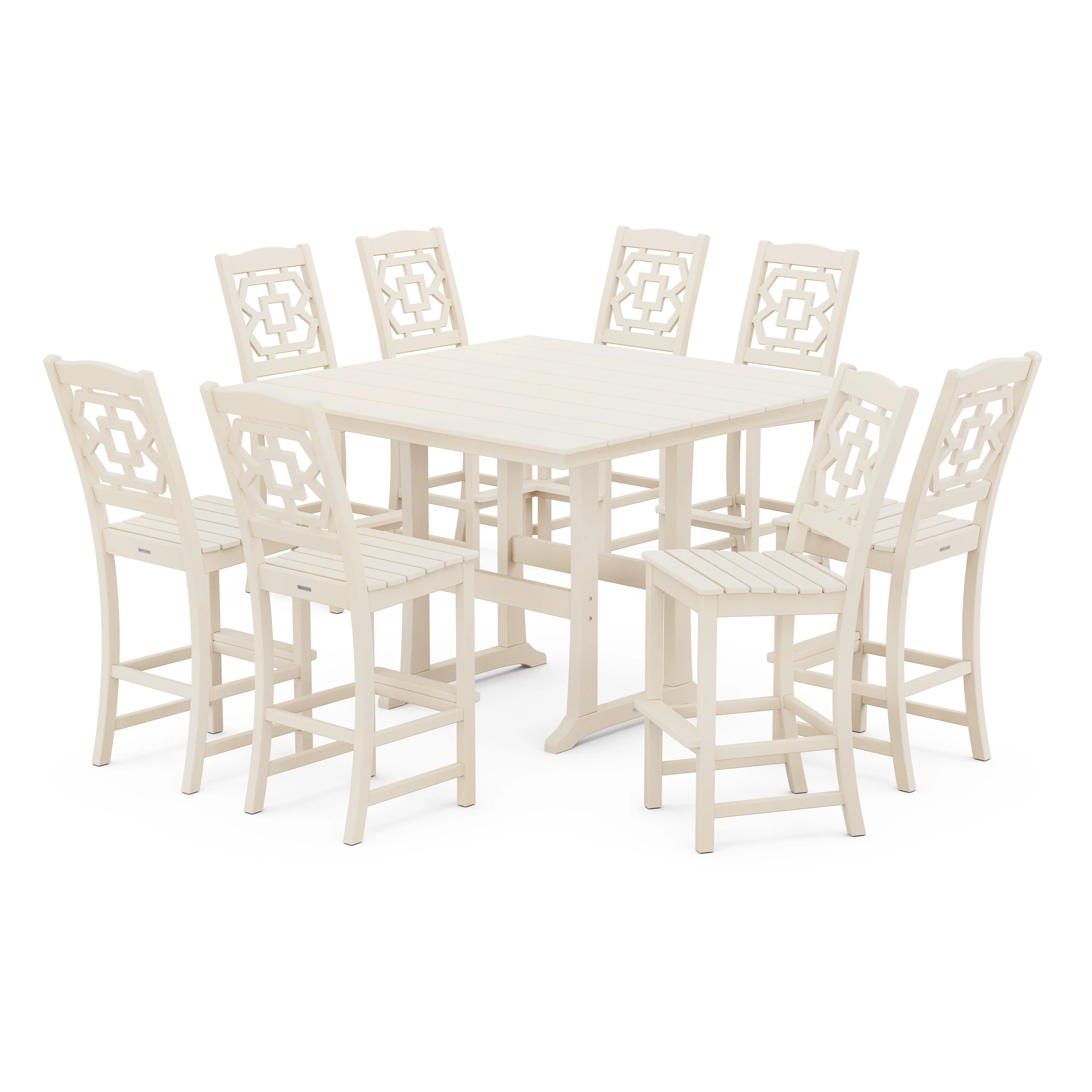 Chinoiserie 9-Piece Square Farmhouse Side Chair Bar Set with Trestle Legs - Image 7