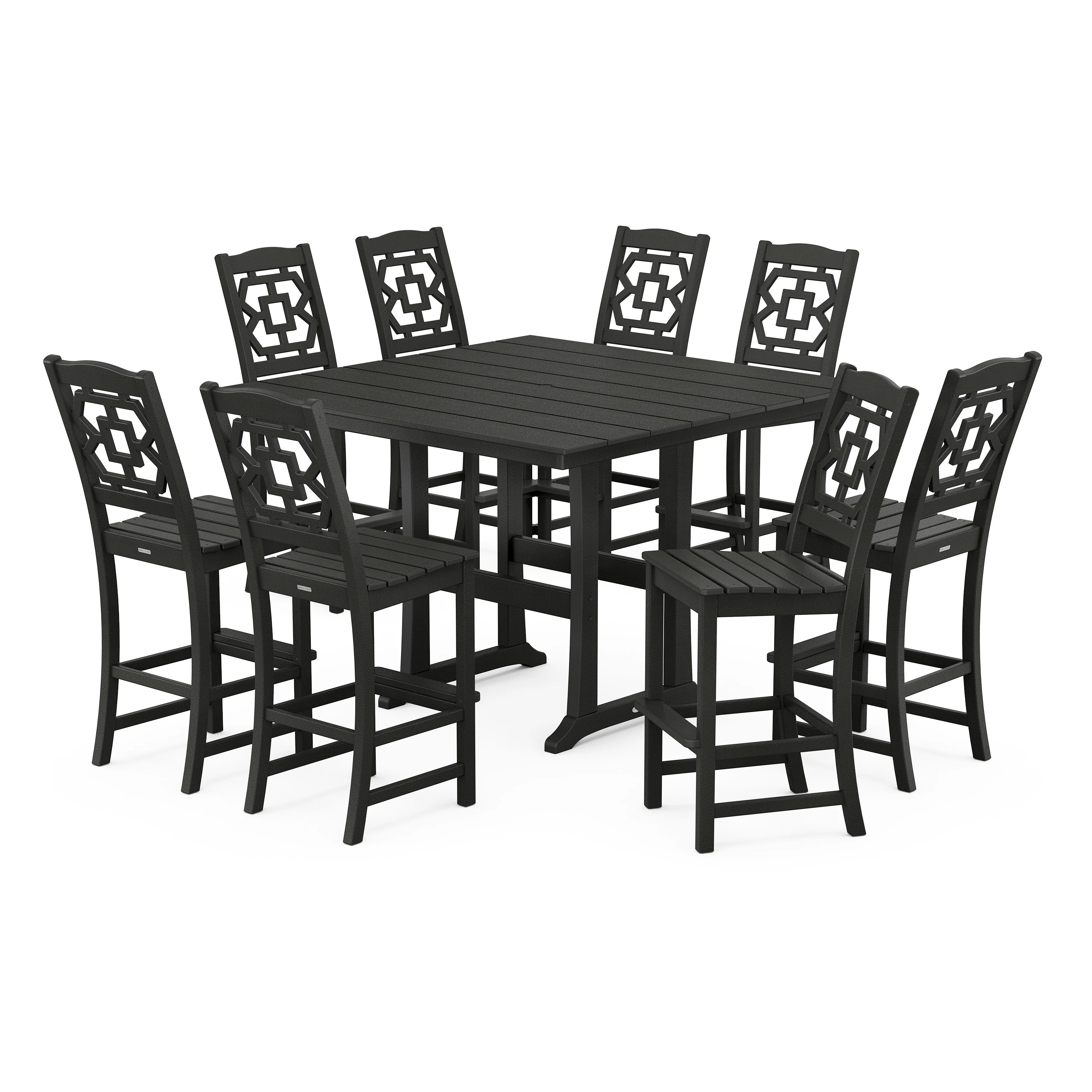 Chinoiserie 9-Piece Square Farmhouse Side Chair Bar Set with Trestle Legs - Image 8