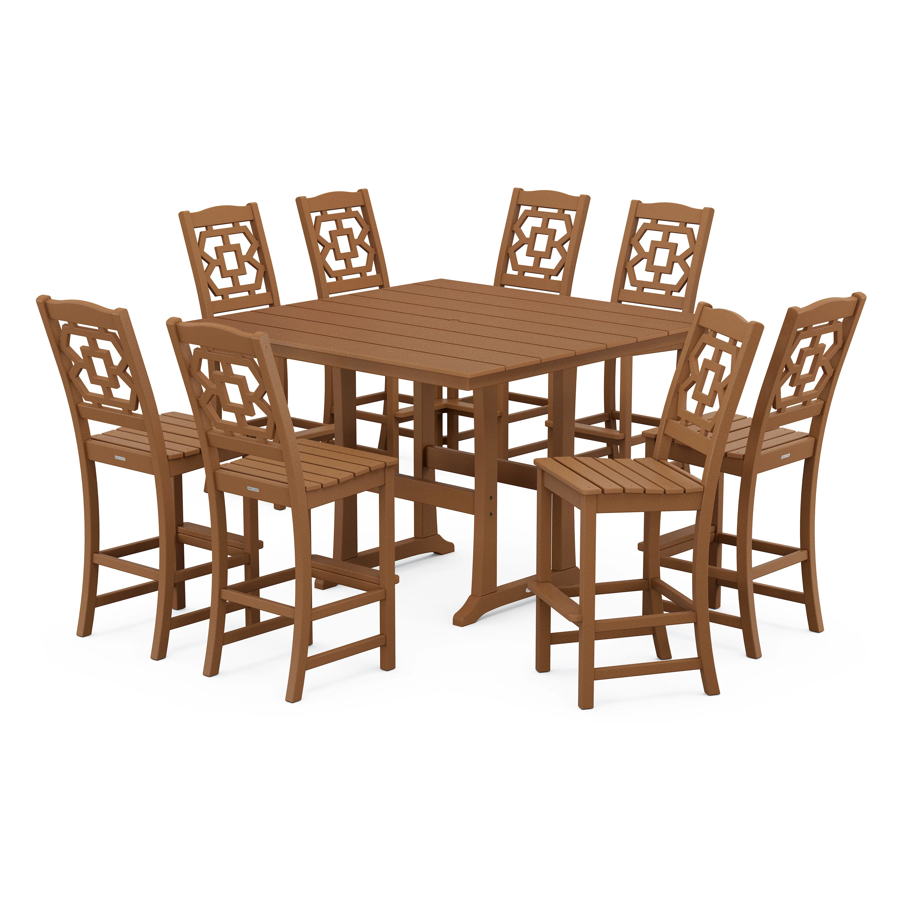Chinoiserie 9-Piece Square Farmhouse Side Chair Bar Set with Trestle Legs - Image 9