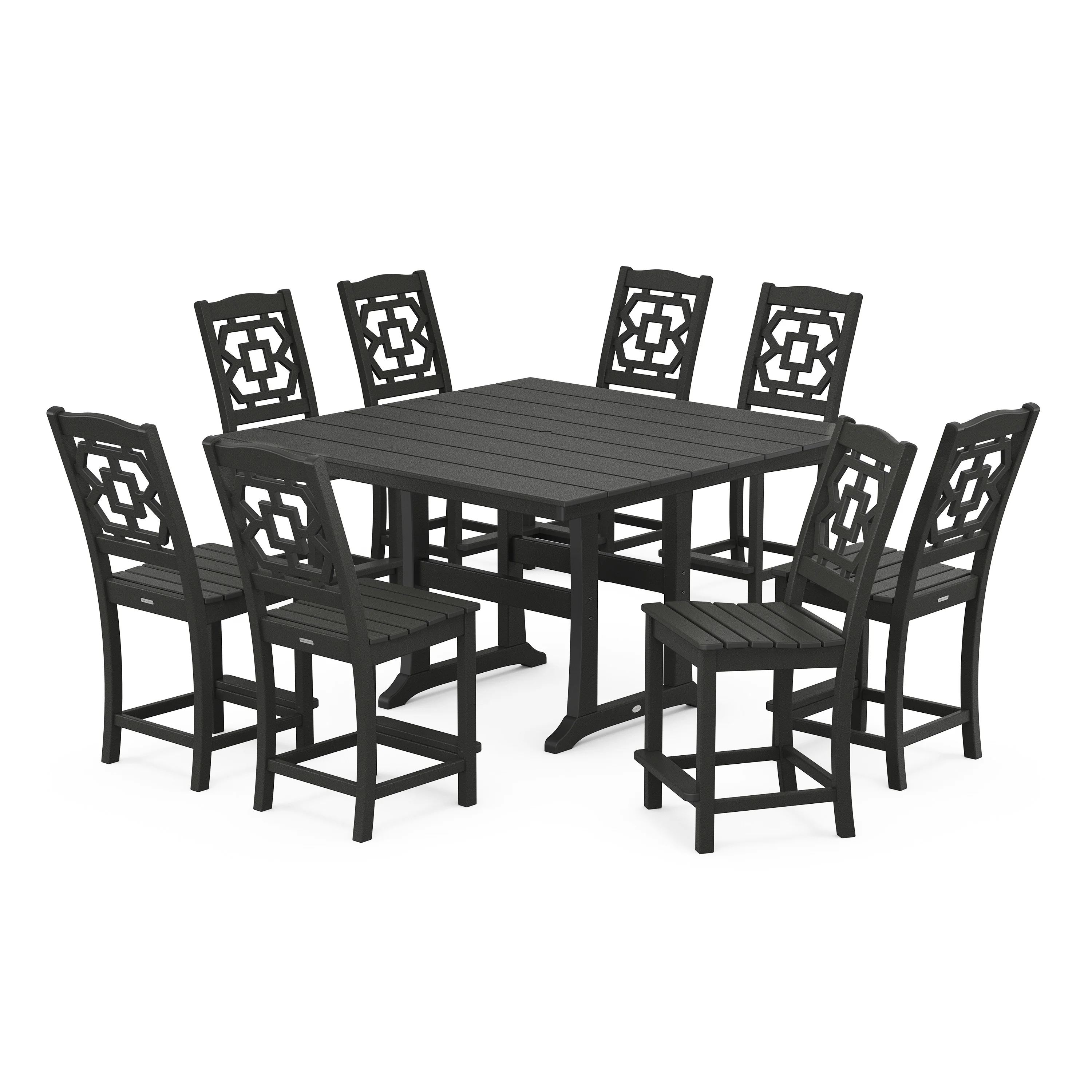 Chinoiserie 9-Piece Square Farmhouse Side Chair Counter Set with Trestle Legs - Image 10
