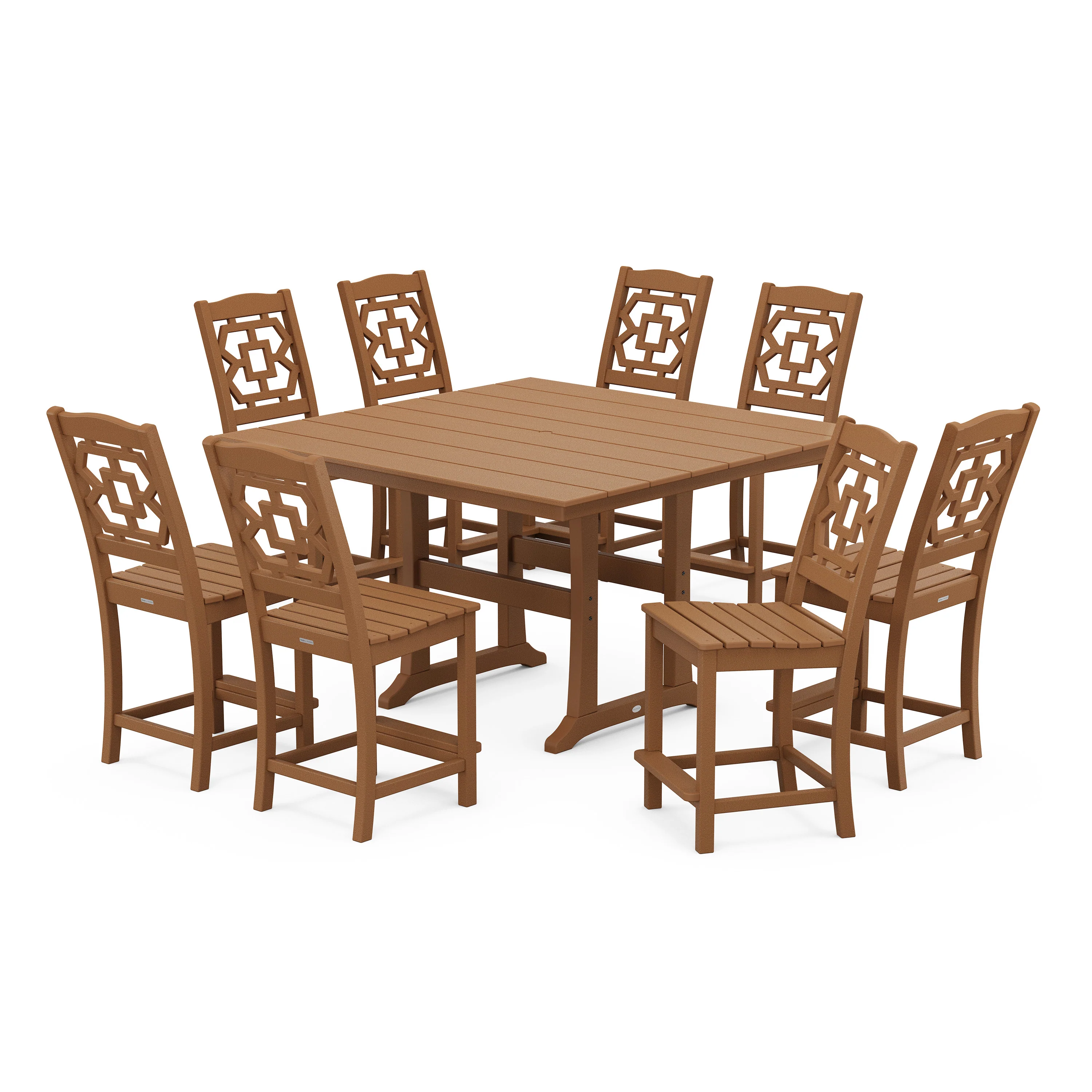Chinoiserie 9-Piece Square Farmhouse Side Chair Counter Set with Trestle Legs - Image 5