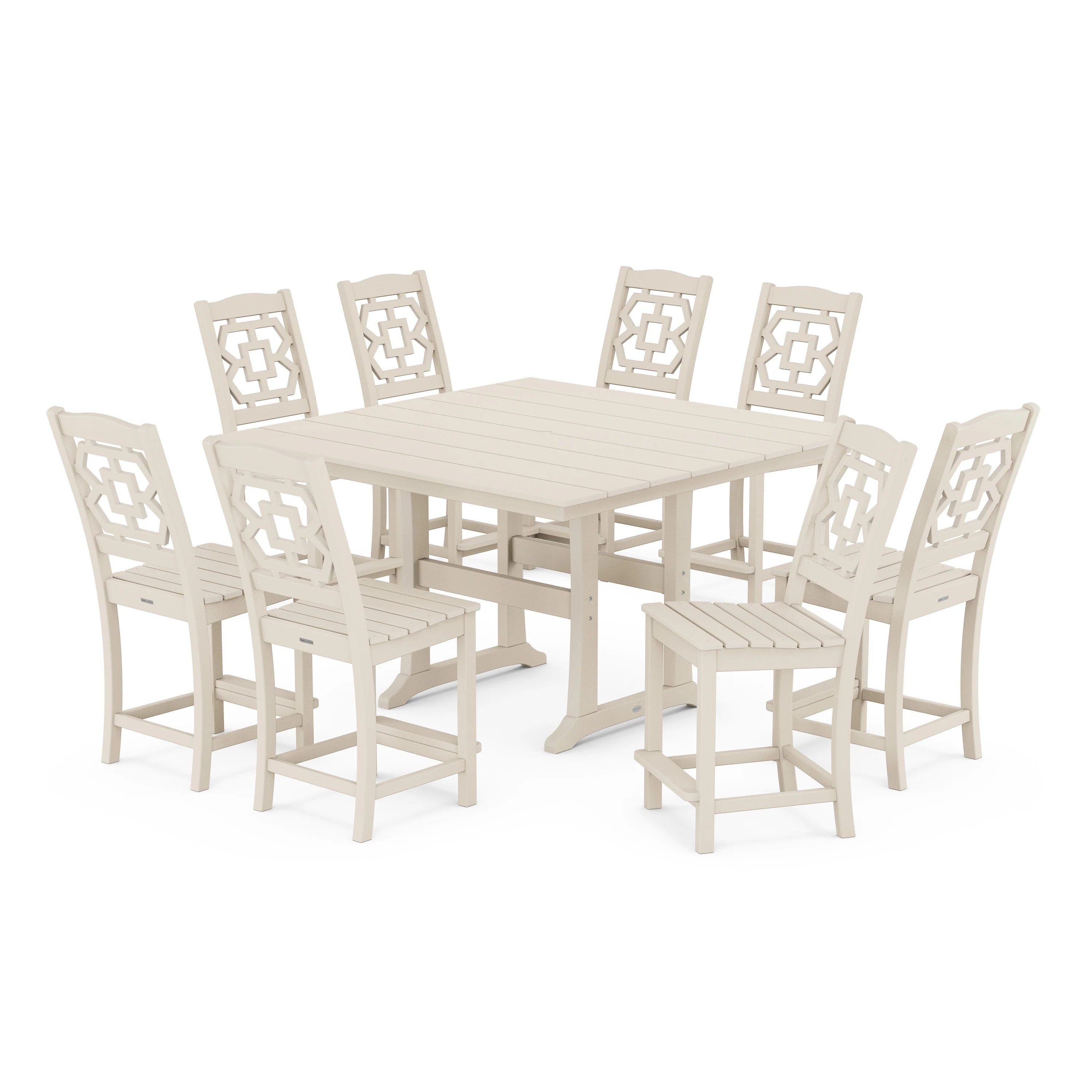 Chinoiserie 9-Piece Square Farmhouse Side Chair Counter Set with Trestle Legs - Image 6