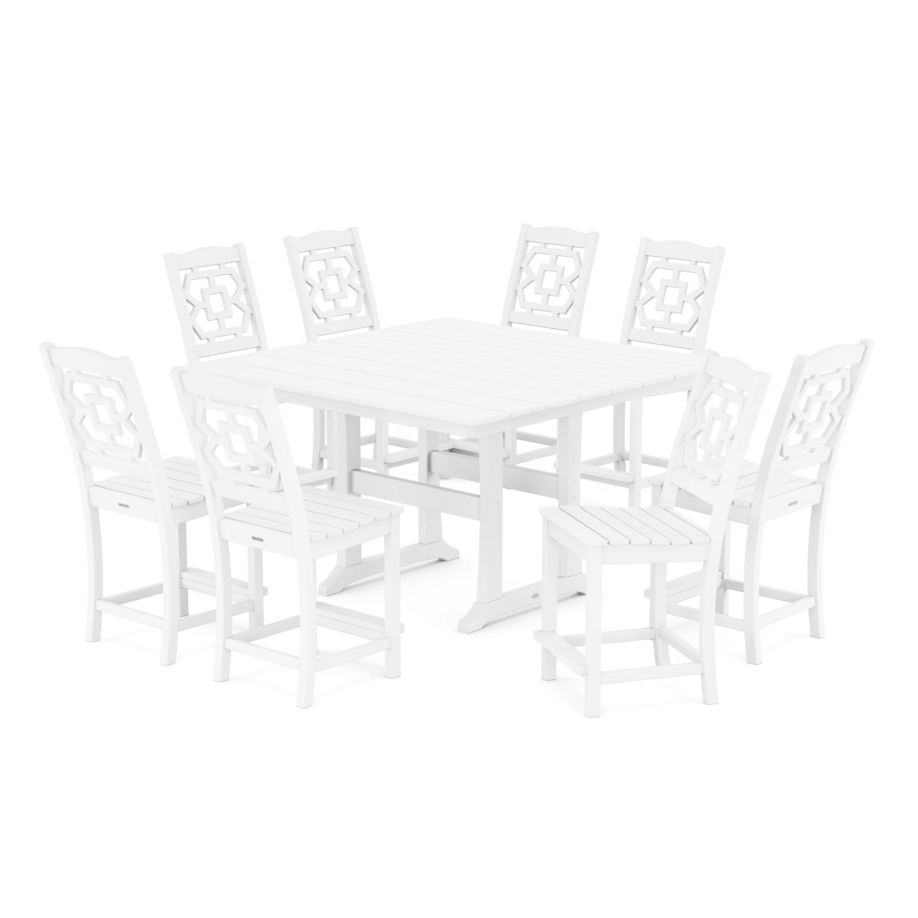 Chinoiserie 9-Piece Square Farmhouse Side Chair Counter Set with Trestle Legs - Image 7
