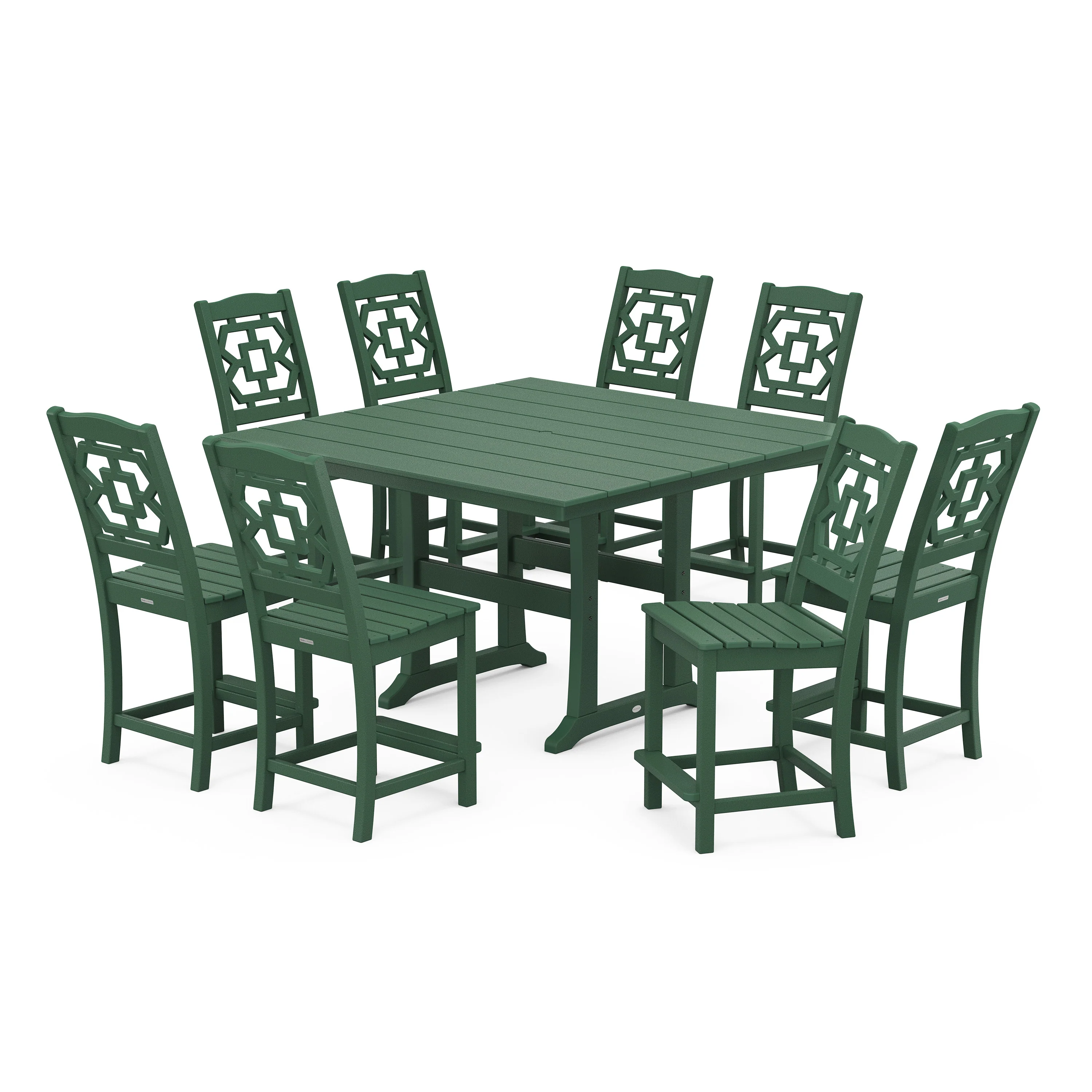 Chinoiserie 9-Piece Square Farmhouse Side Chair Counter Set with Trestle Legs - Image 8