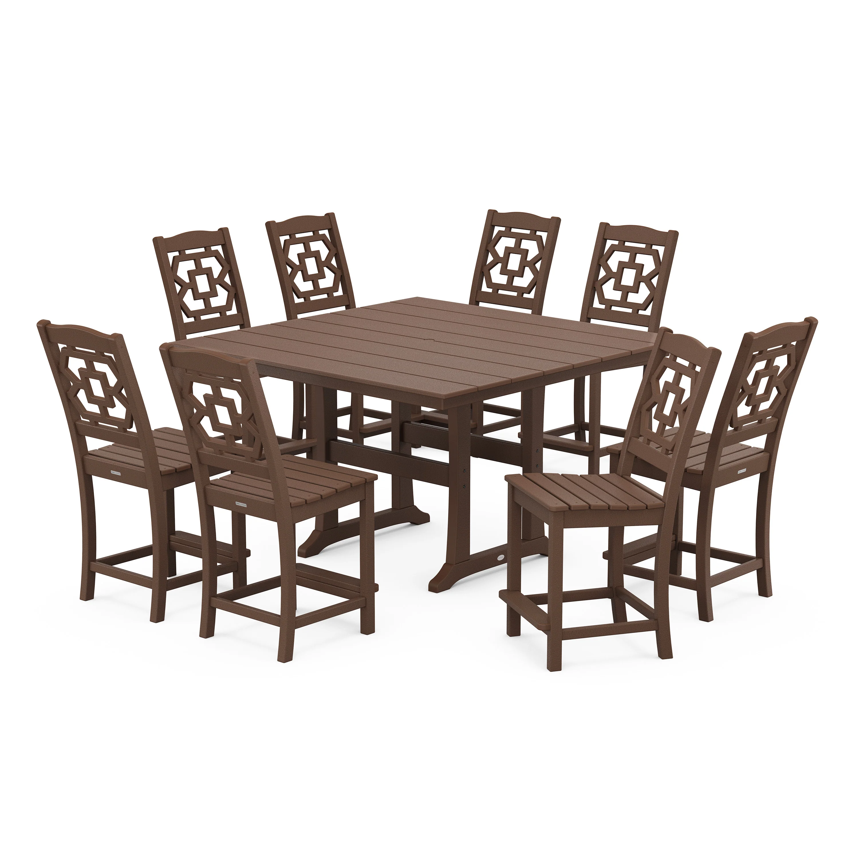Chinoiserie 9-Piece Square Farmhouse Side Chair Counter Set with Trestle Legs - Image 9