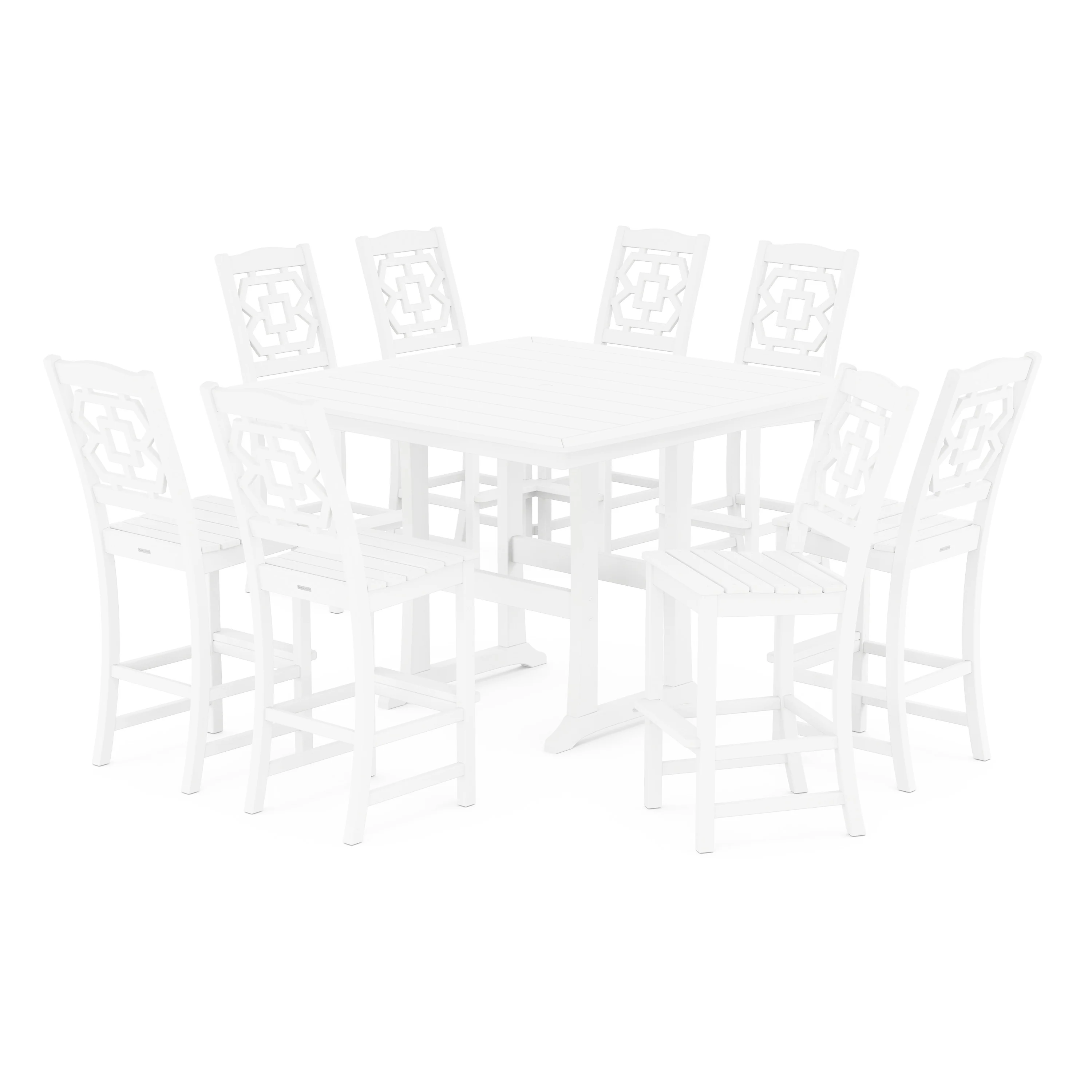 Chinoiserie 9-Piece Square Side Chair Bar Set with Trestle Legs - Image 7