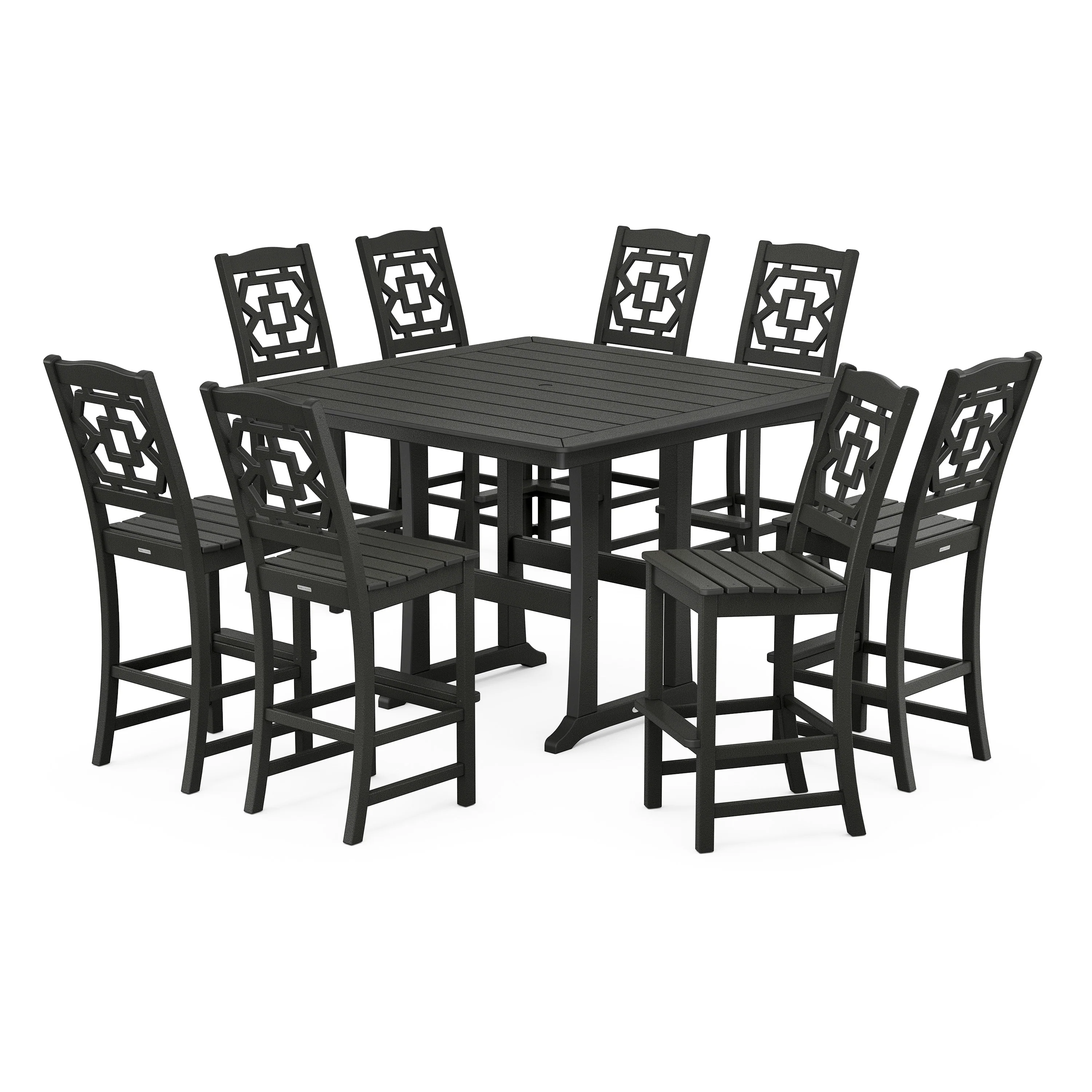 Chinoiserie 9-Piece Square Side Chair Bar Set with Trestle Legs - Image 8