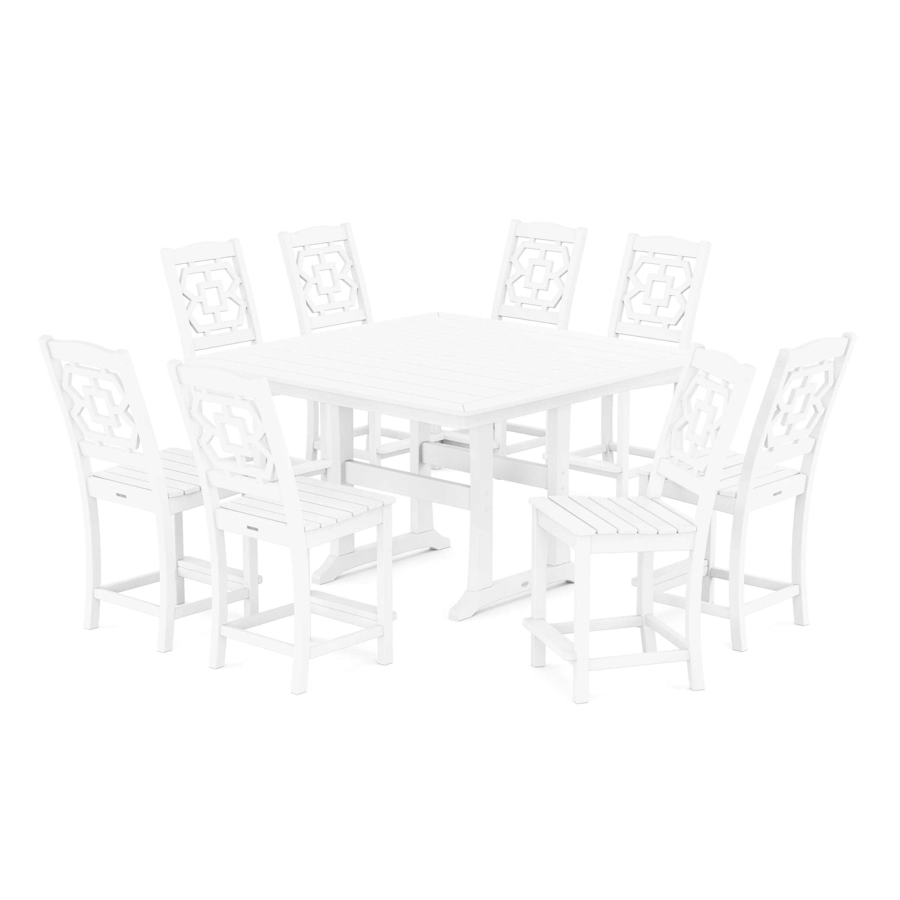 Chinoiserie 9-Piece Square Side Chair Counter Set with Trestle Legs - Image 10