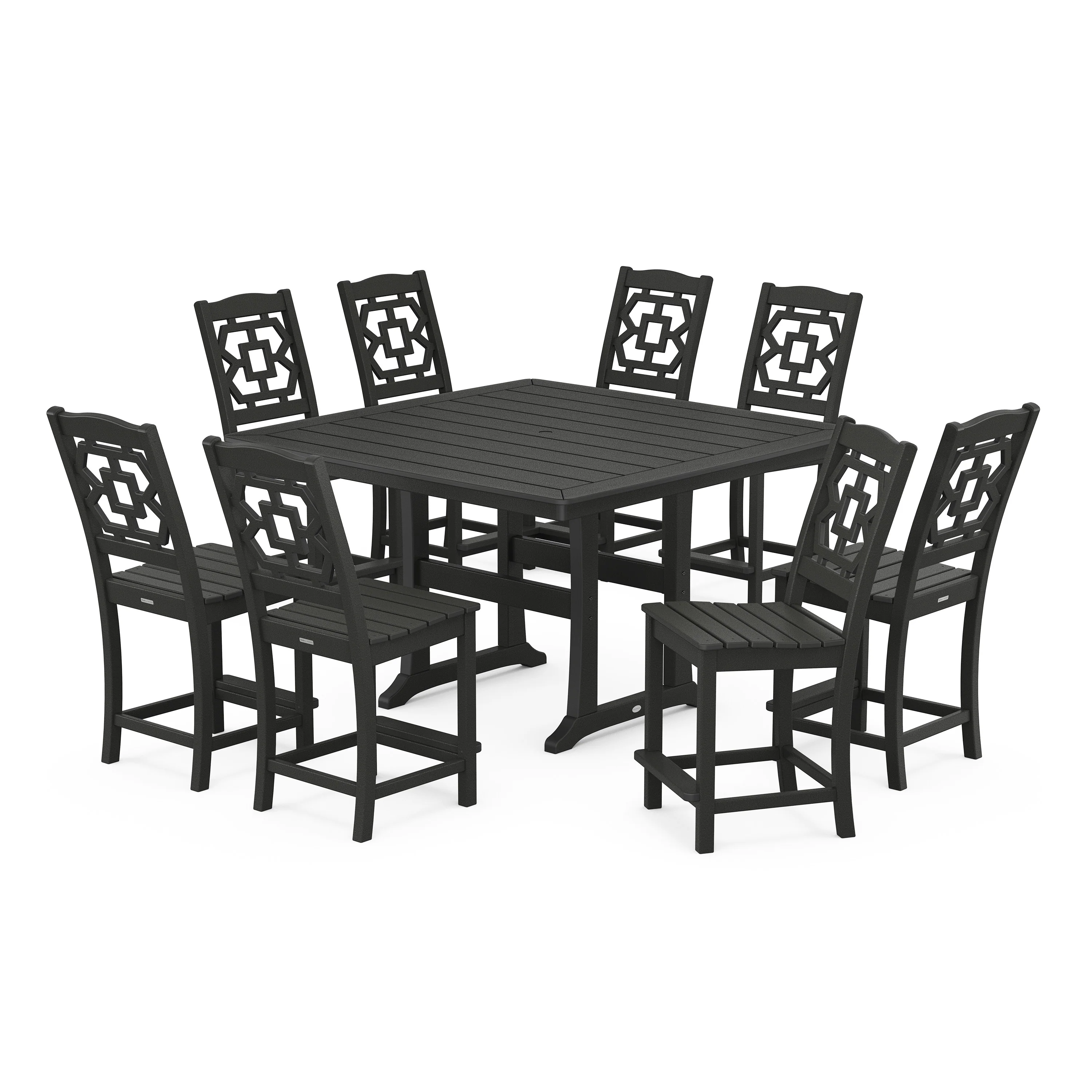 Chinoiserie 9-Piece Square Side Chair Counter Set with Trestle Legs - Image 5