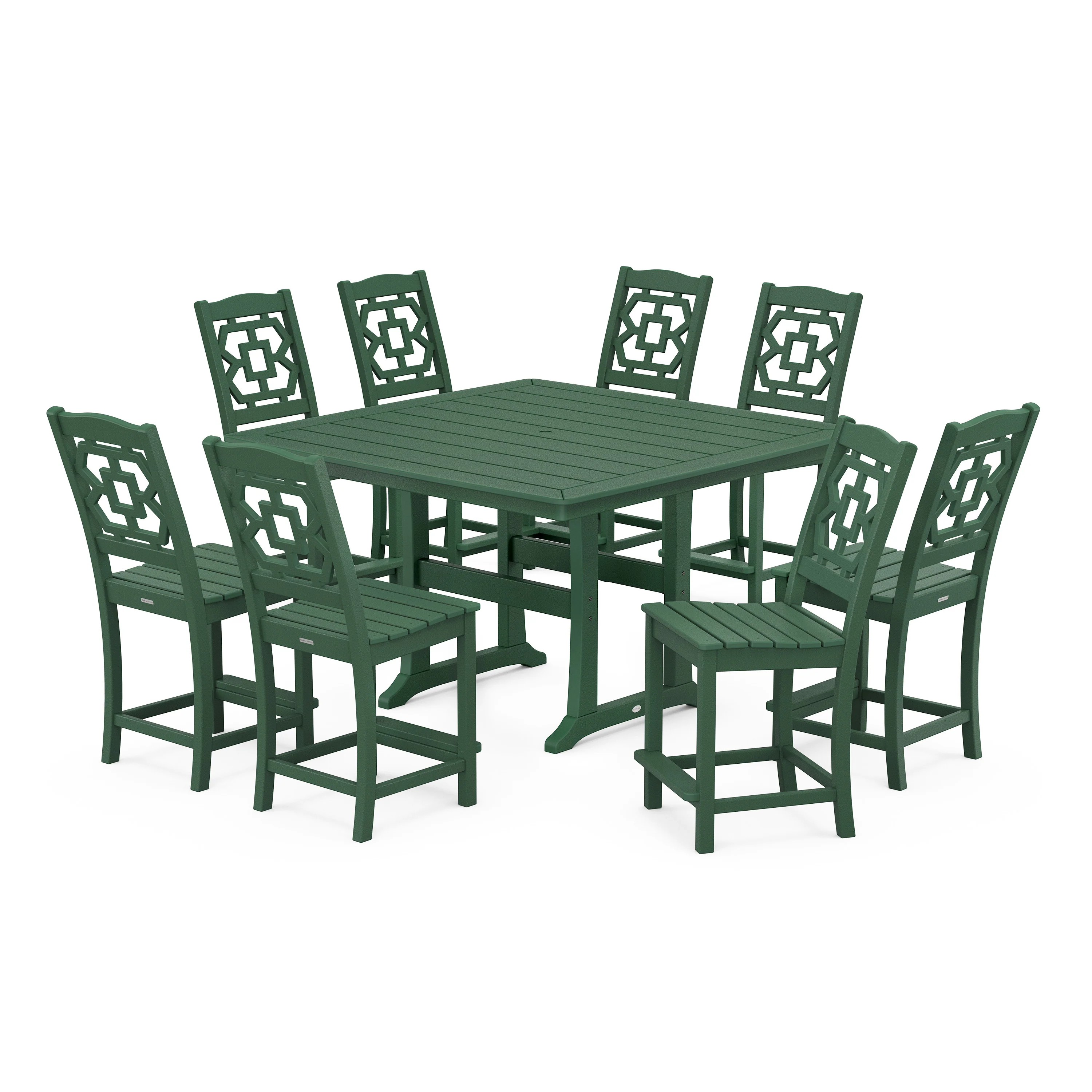 Chinoiserie 9-Piece Square Side Chair Counter Set with Trestle Legs - Image 7