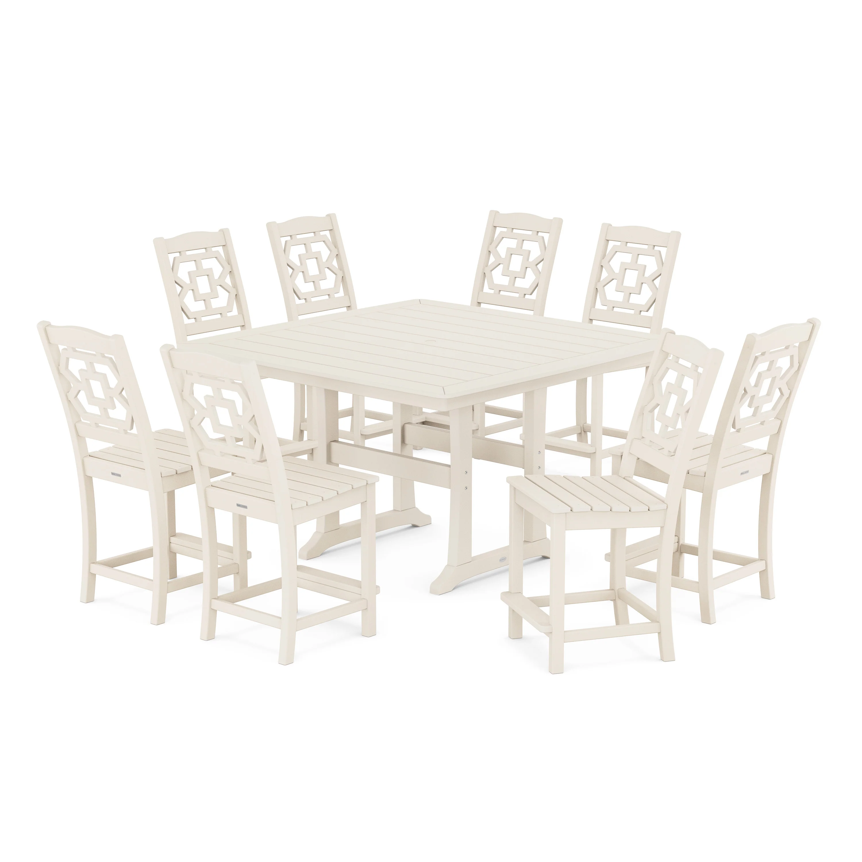 Chinoiserie 9-Piece Square Side Chair Counter Set with Trestle Legs - Image 9