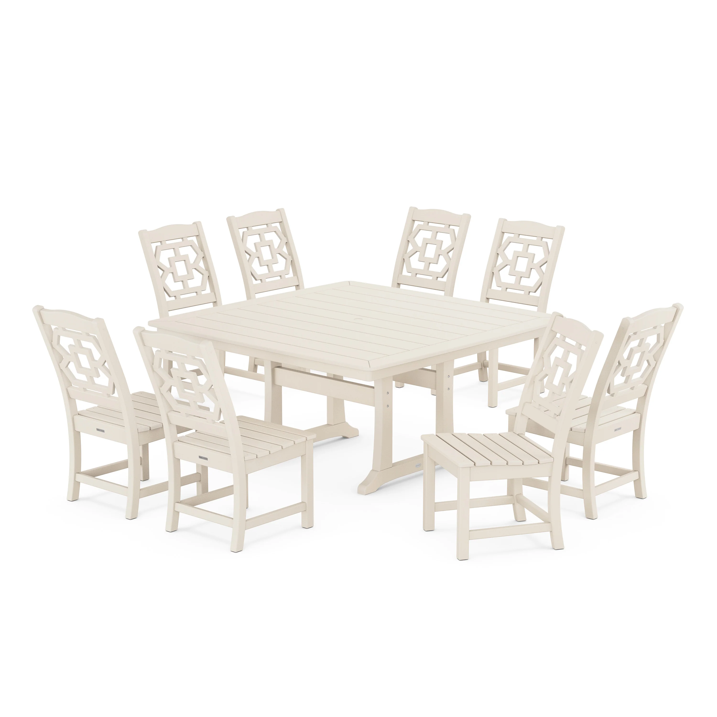 Chinoiserie 9-Piece Square Side Chair Dining Set with Trestle Legs - Image 5