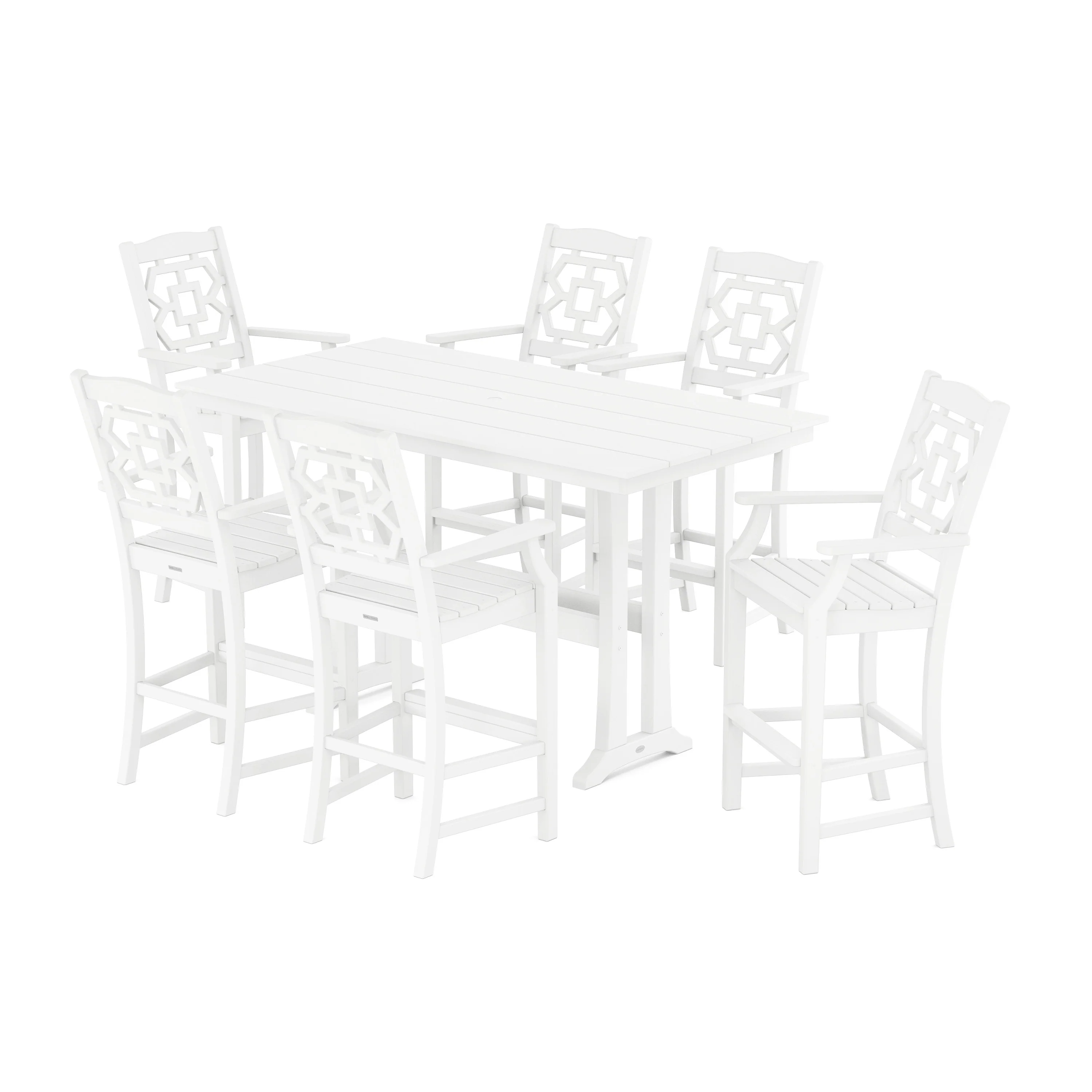 Chinoiserie Arm Chair 7-Piece Farmhouse Bar Set with Trestle Legs - Image 10