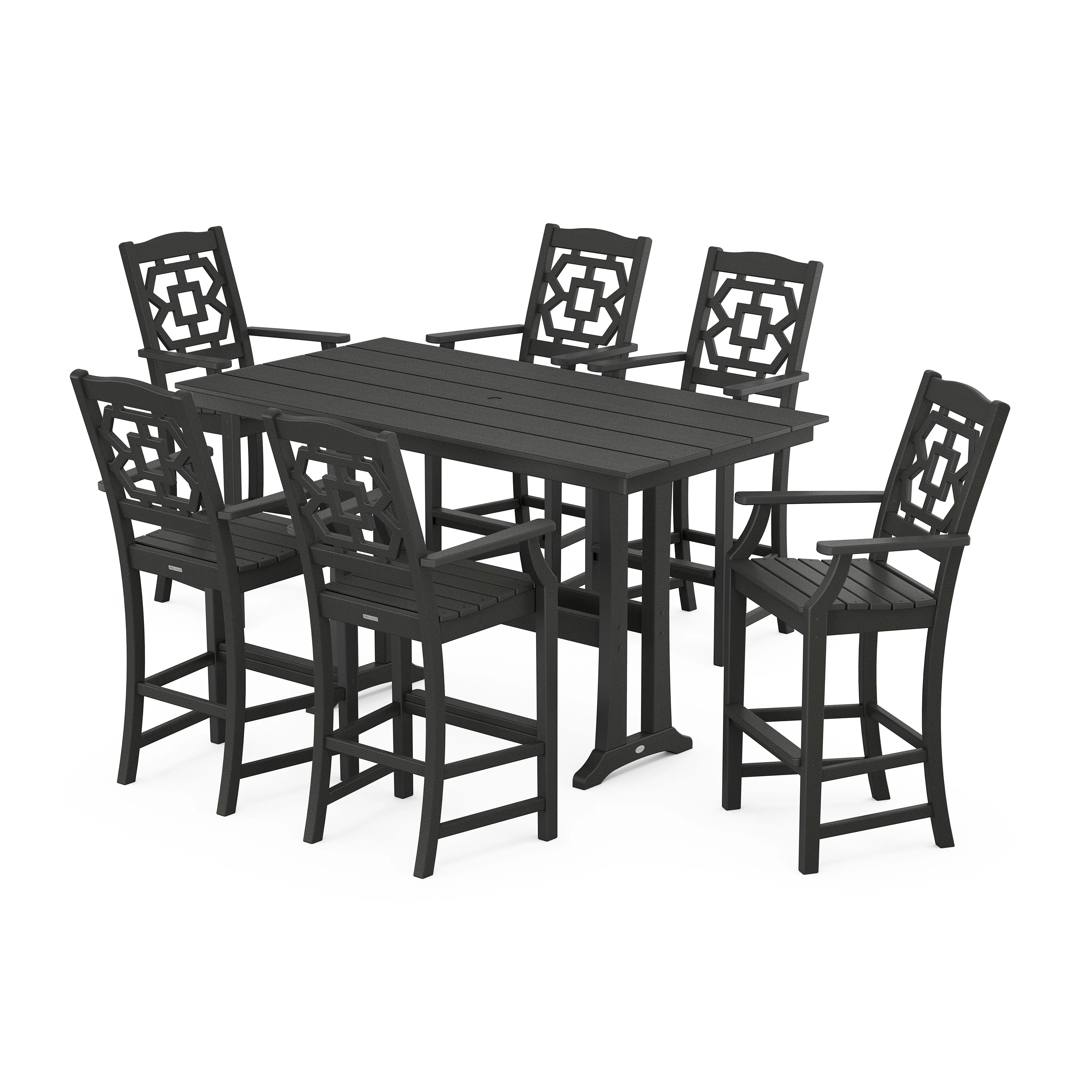 Chinoiserie Arm Chair 7-Piece Farmhouse Bar Set with Trestle Legs - Image 8