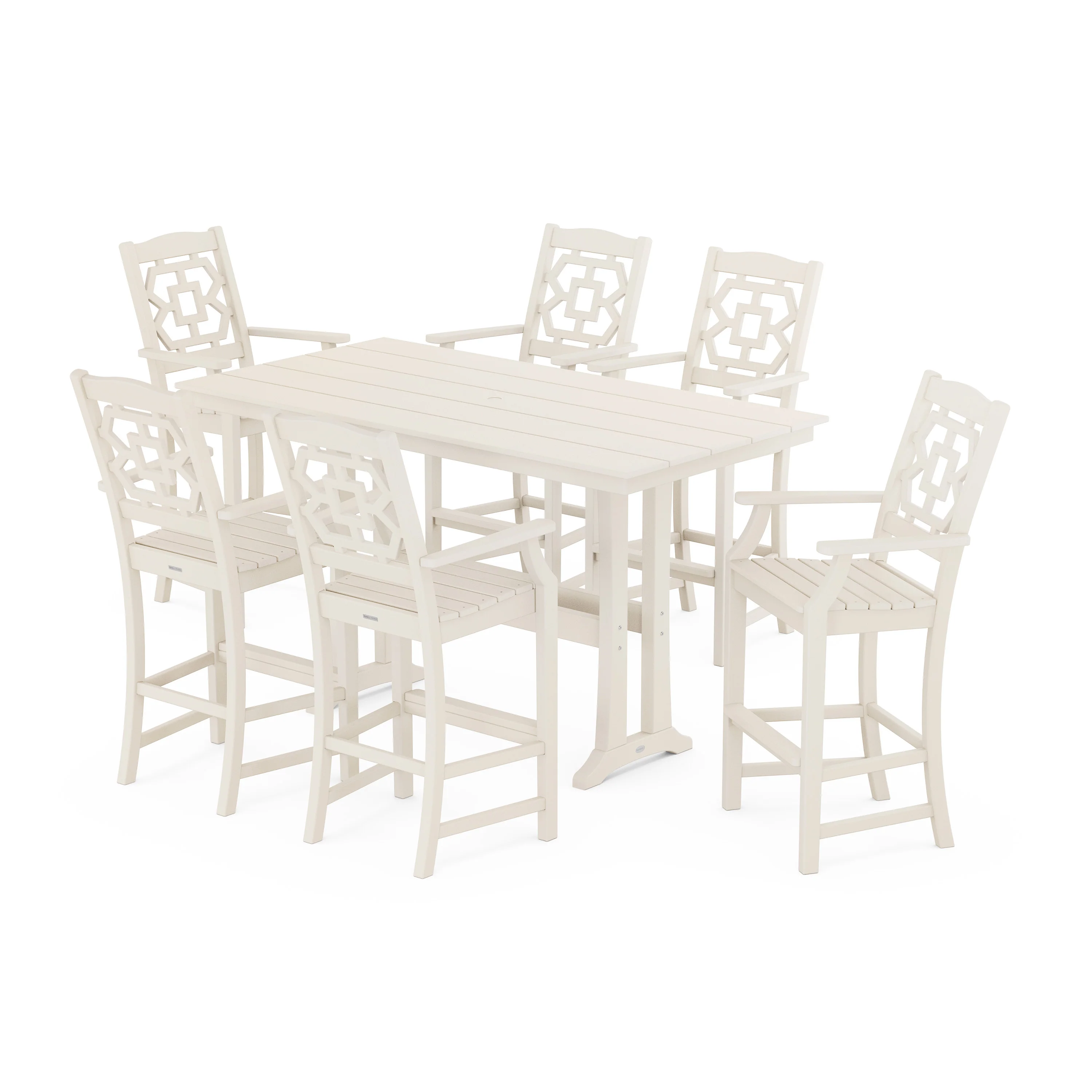 Chinoiserie Arm Chair 7-Piece Farmhouse Bar Set with Trestle Legs - Image 9