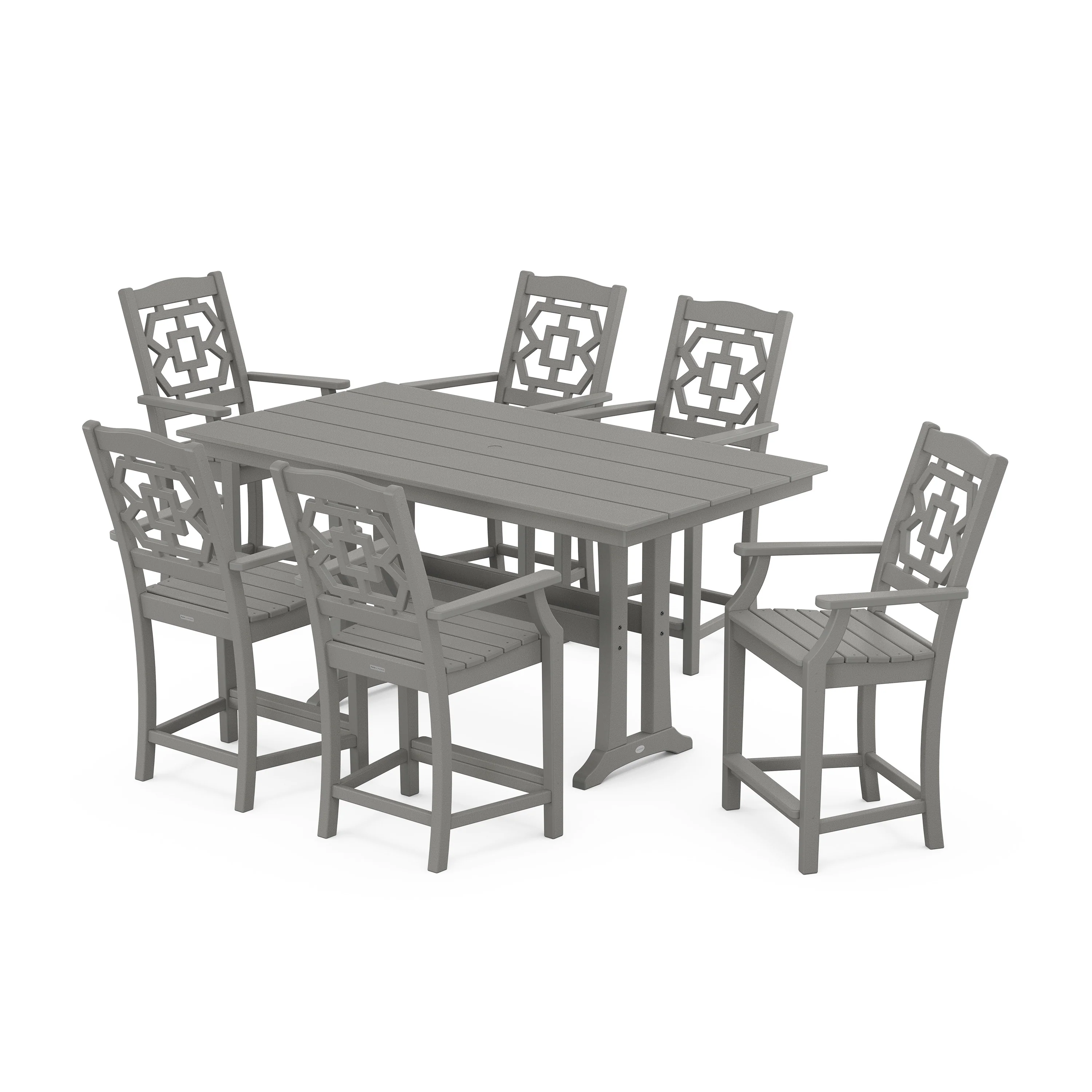 Chinoiserie Arm Chair 7-Piece Farmhouse Counter Set with Trestle Legs