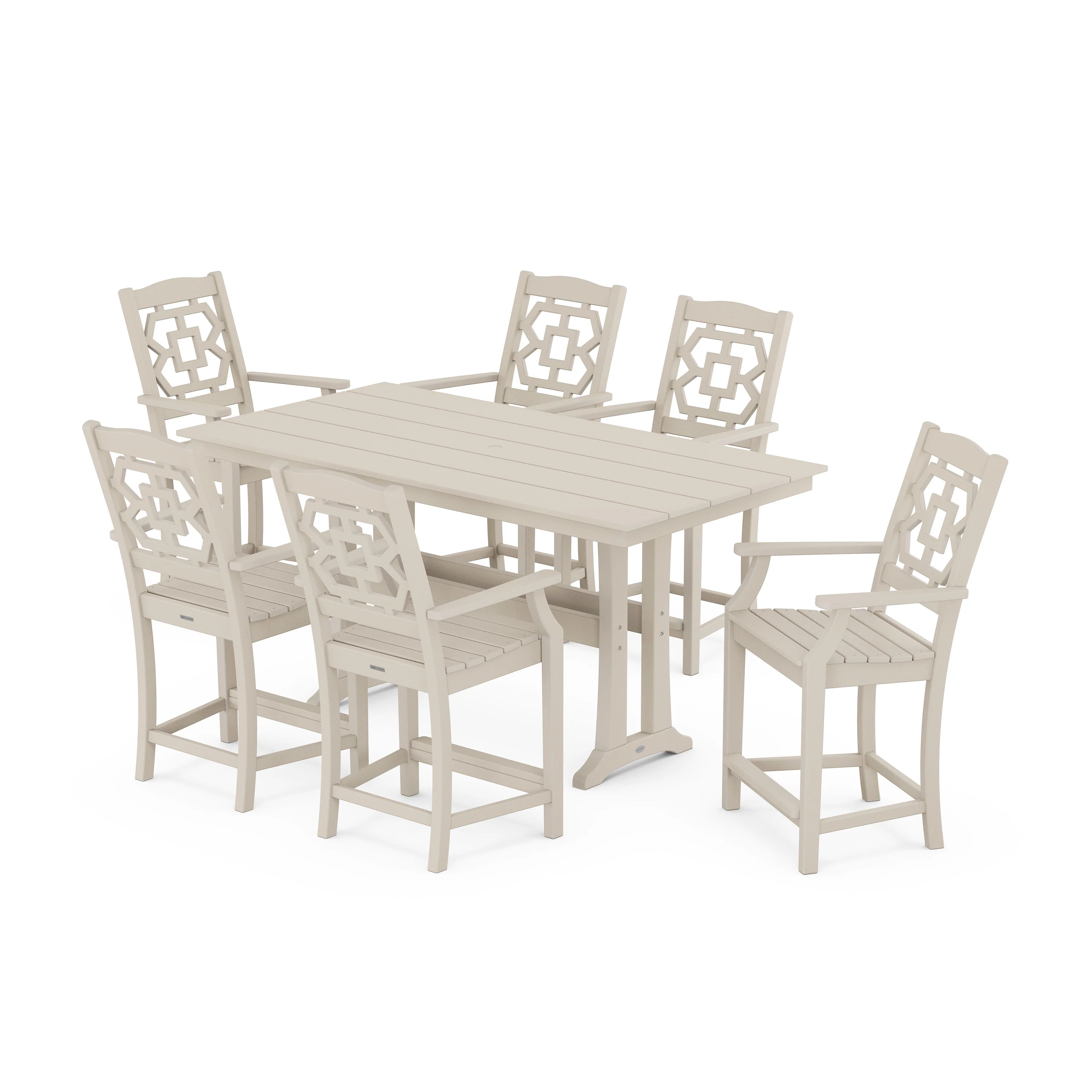 Chinoiserie Arm Chair 7-Piece Farmhouse Counter Set with Trestle Legs - Image 10