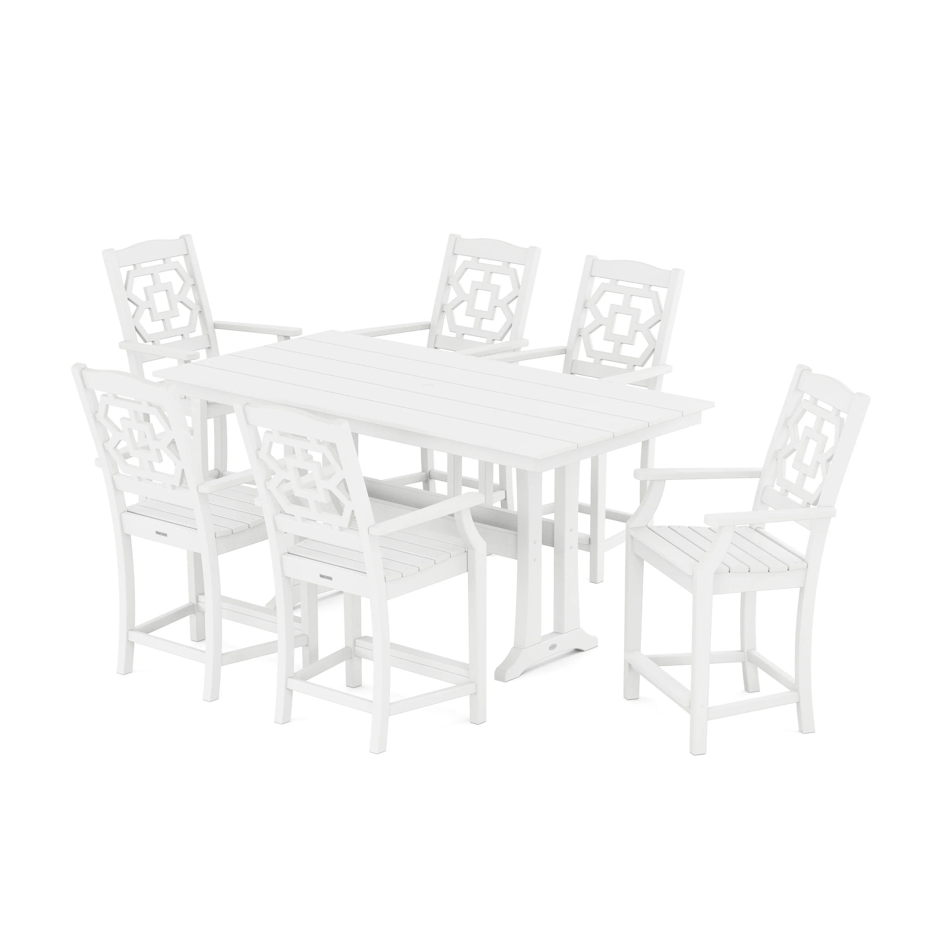 Chinoiserie Arm Chair 7-Piece Farmhouse Counter Set with Trestle Legs - Image 7