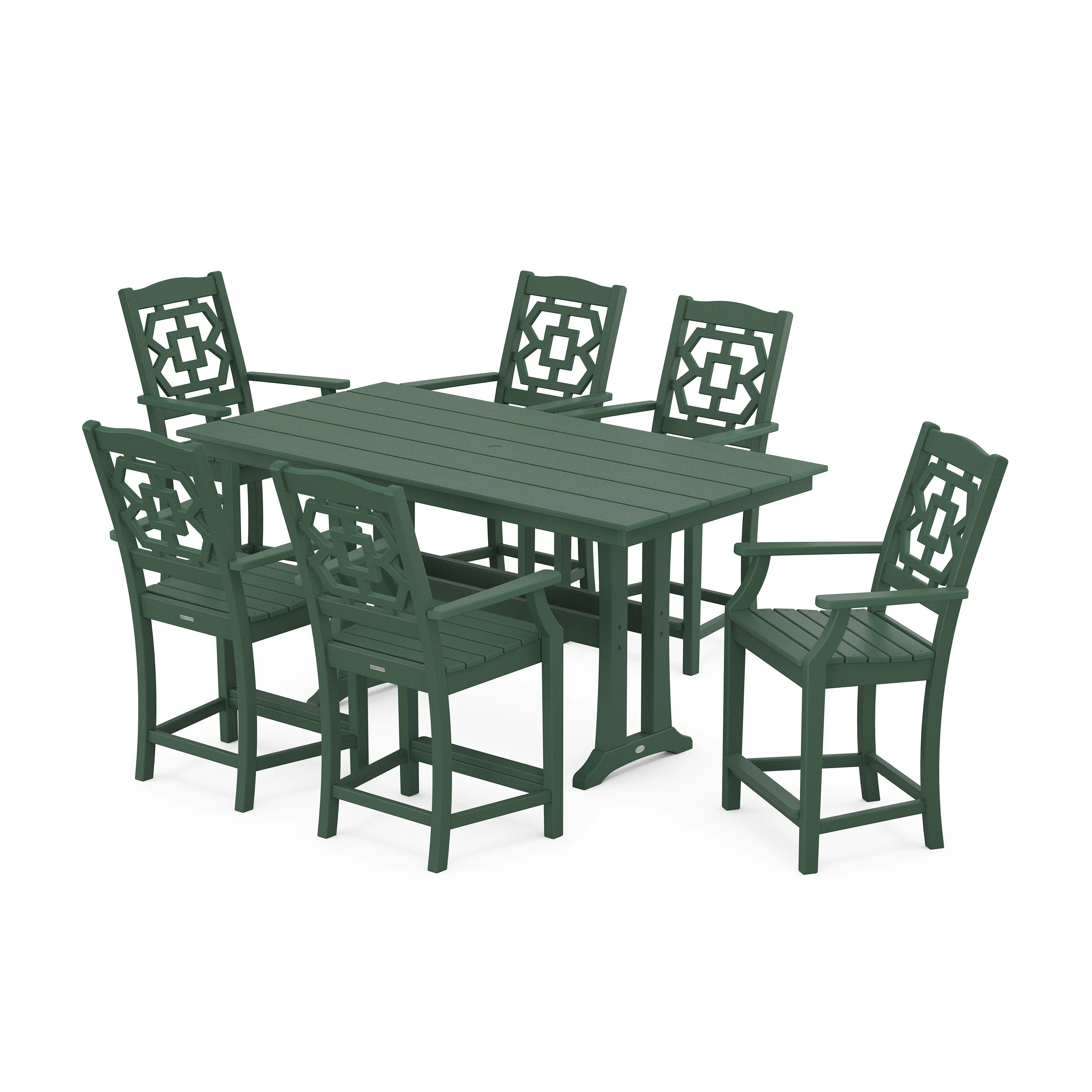 Chinoiserie Arm Chair 7-Piece Farmhouse Counter Set with Trestle Legs - Image 8