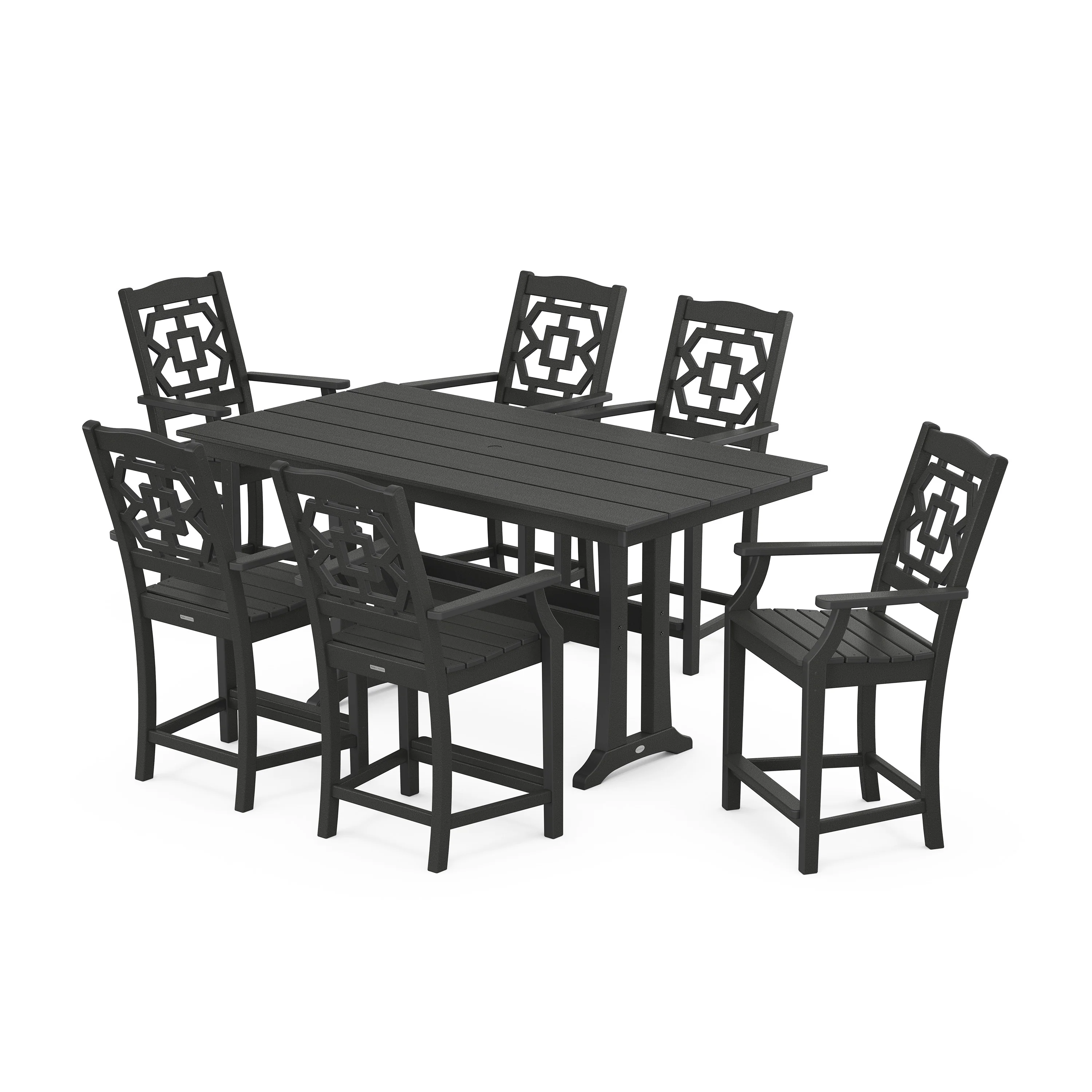 Chinoiserie Arm Chair 7-Piece Farmhouse Counter Set with Trestle Legs - Image 9