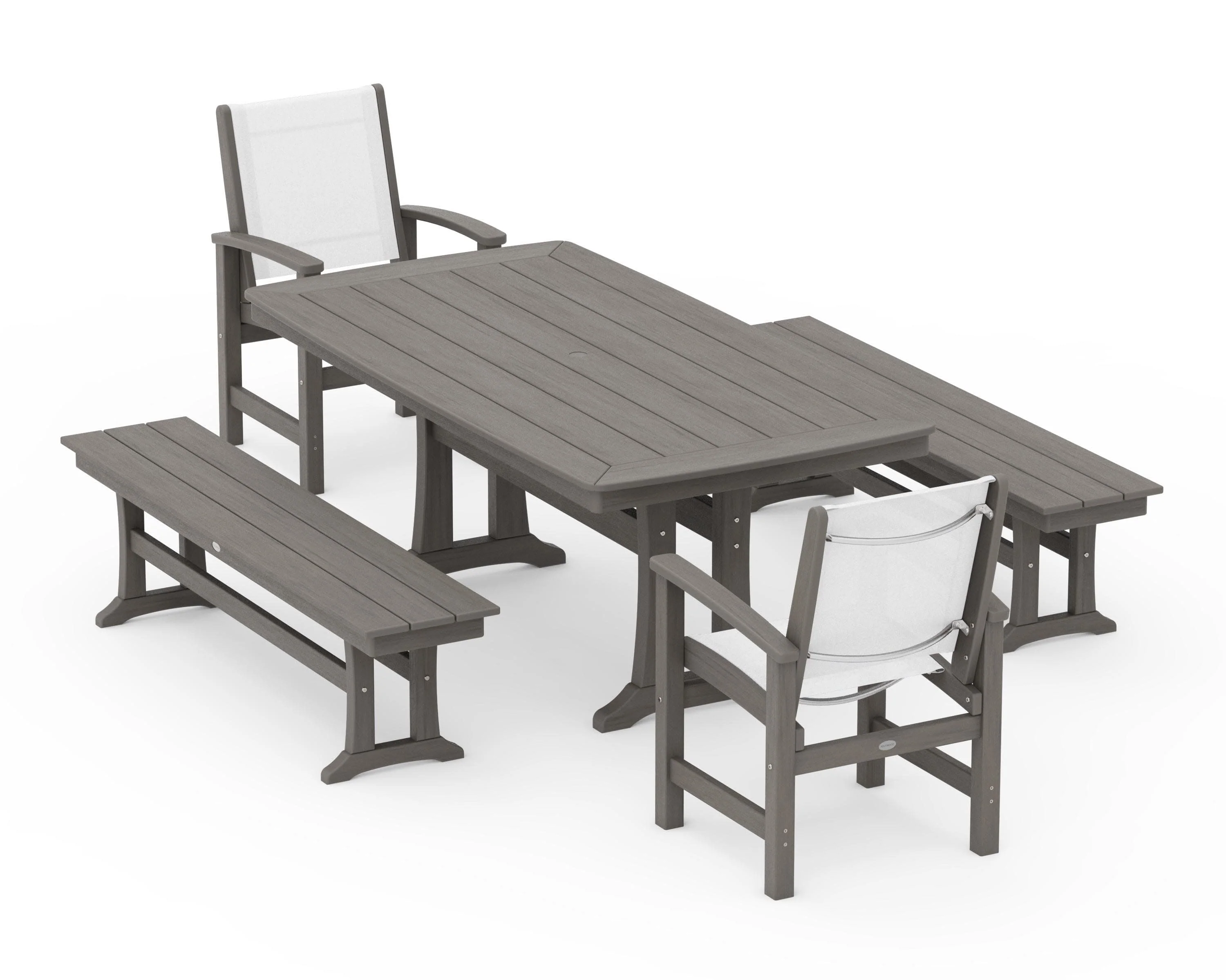 Coastal 5-Piece Dining Set with Trestle Legs and Benches - Image 145