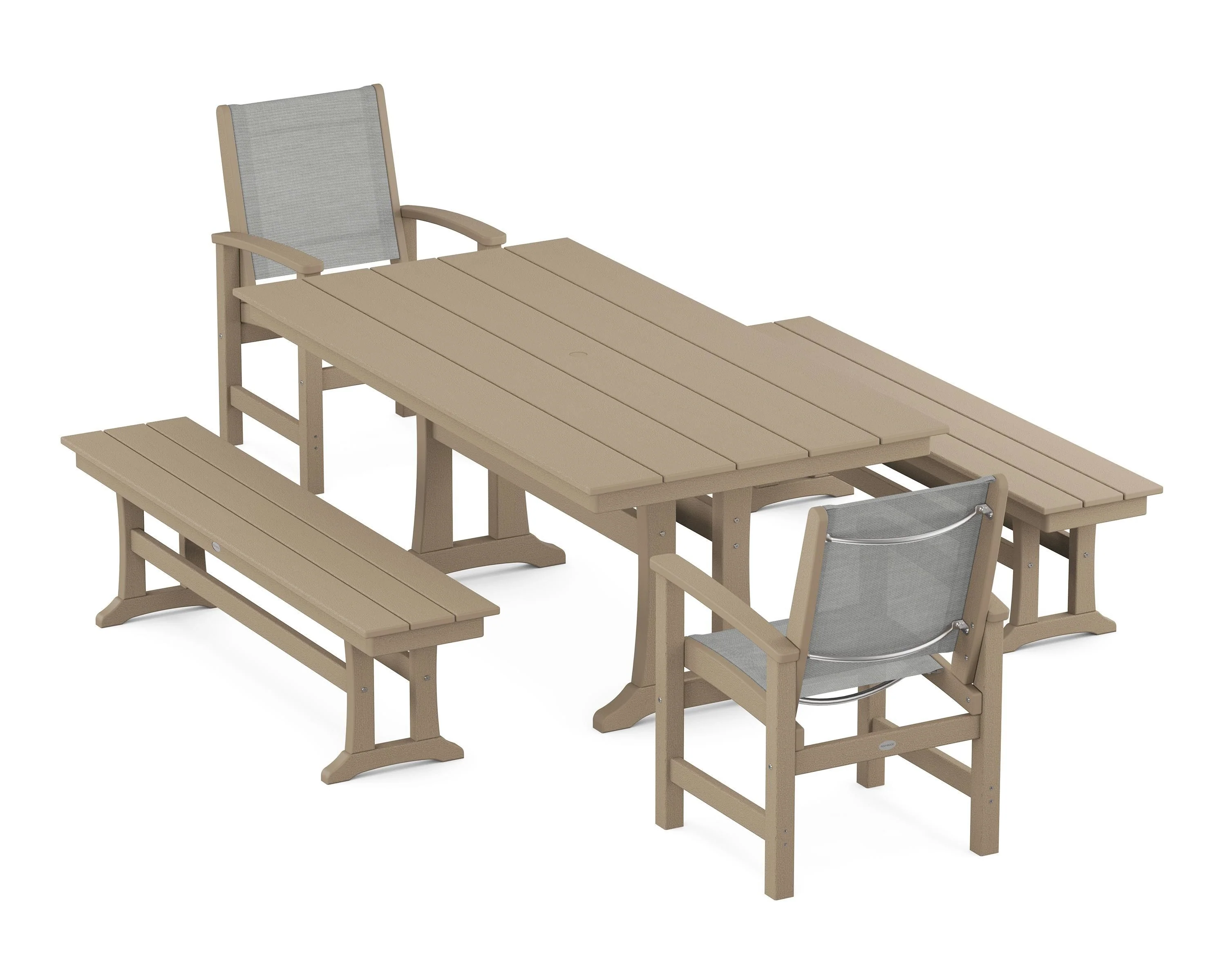 Coastal 5-Piece Farmhouse Dining Set with Trestle Legs and Benches - Image 102