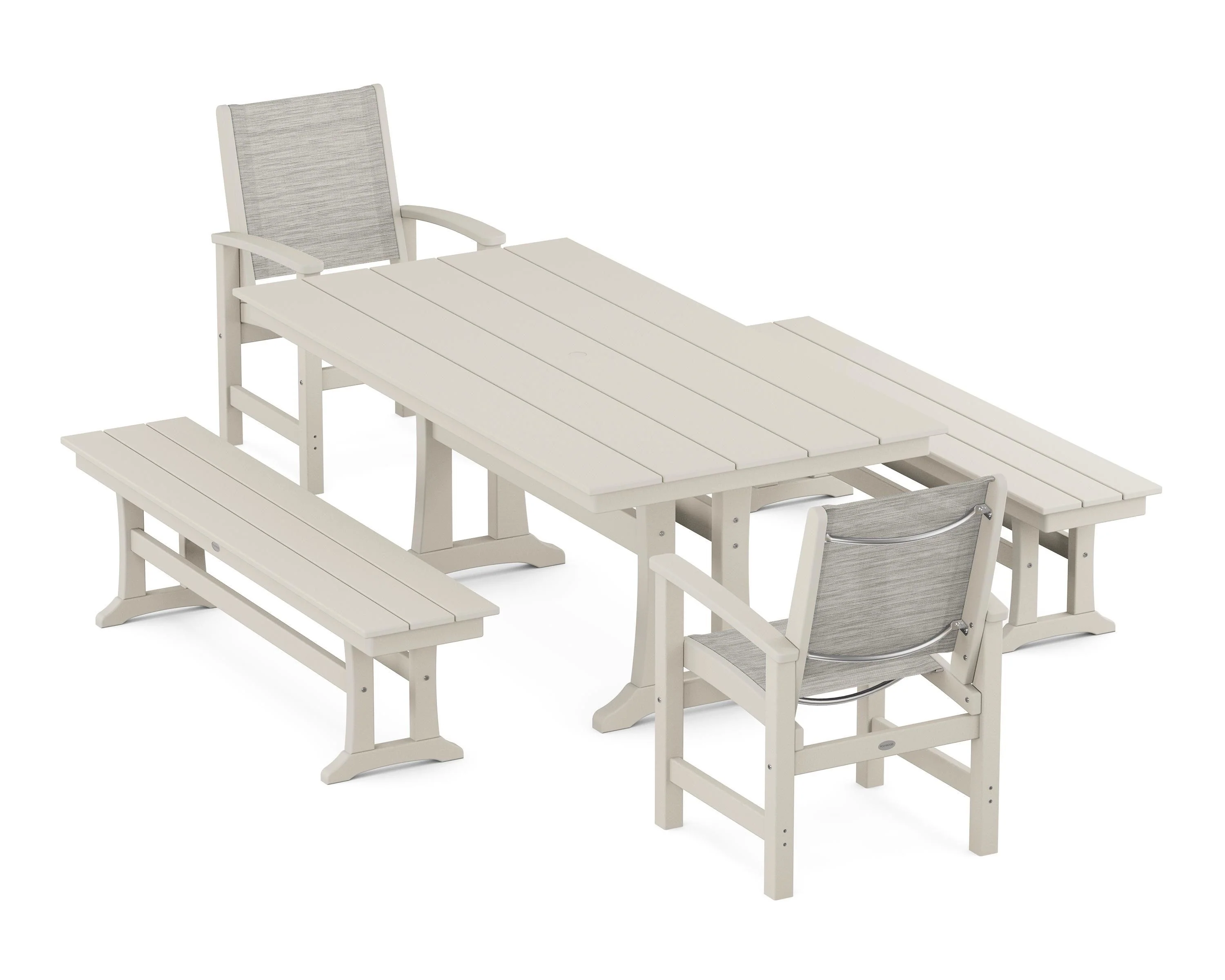 Coastal 5-Piece Farmhouse Dining Set with Trestle Legs and Benches - Image 107