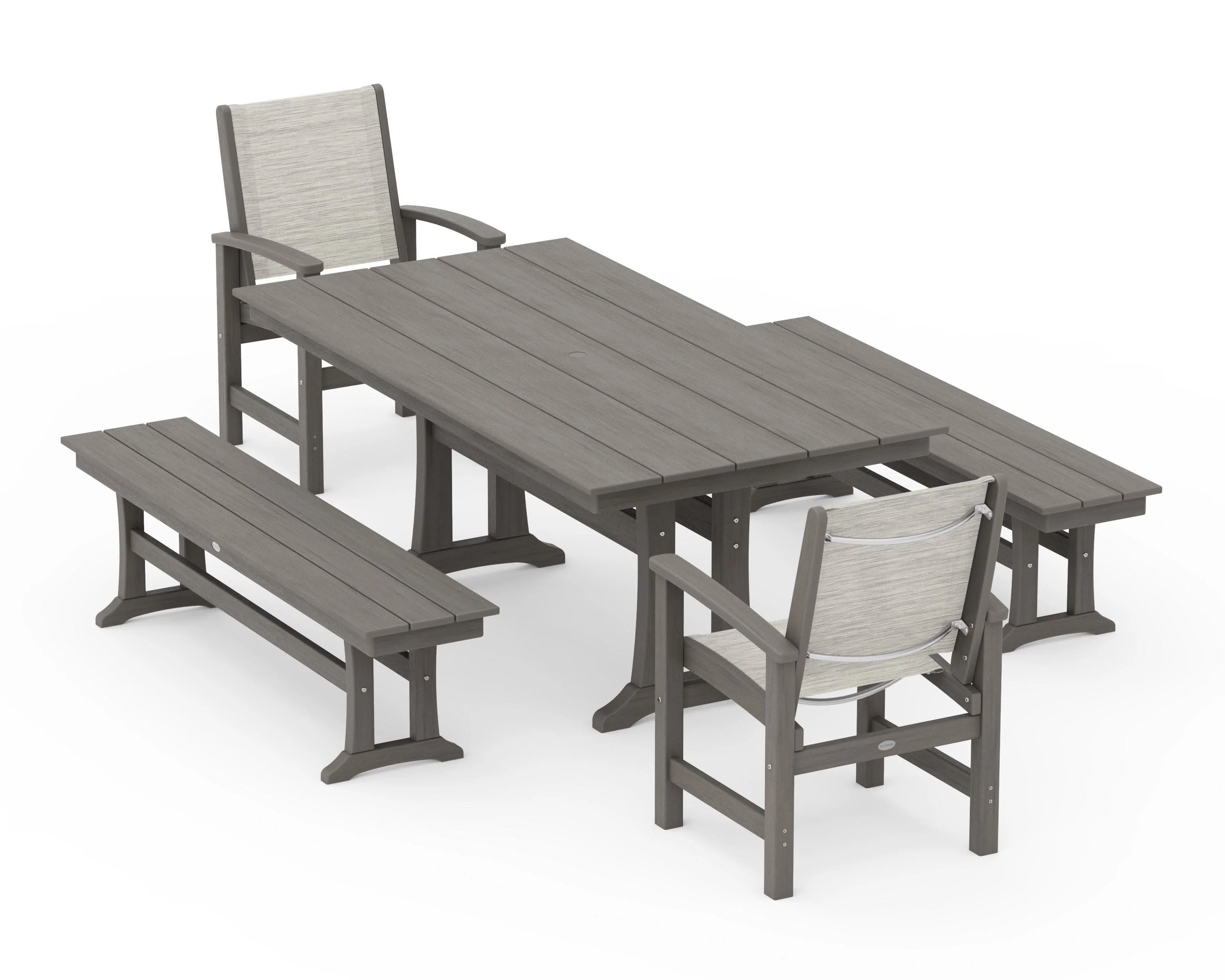 Coastal 5-Piece Farmhouse Dining Set with Trestle Legs and Benches - Image 125