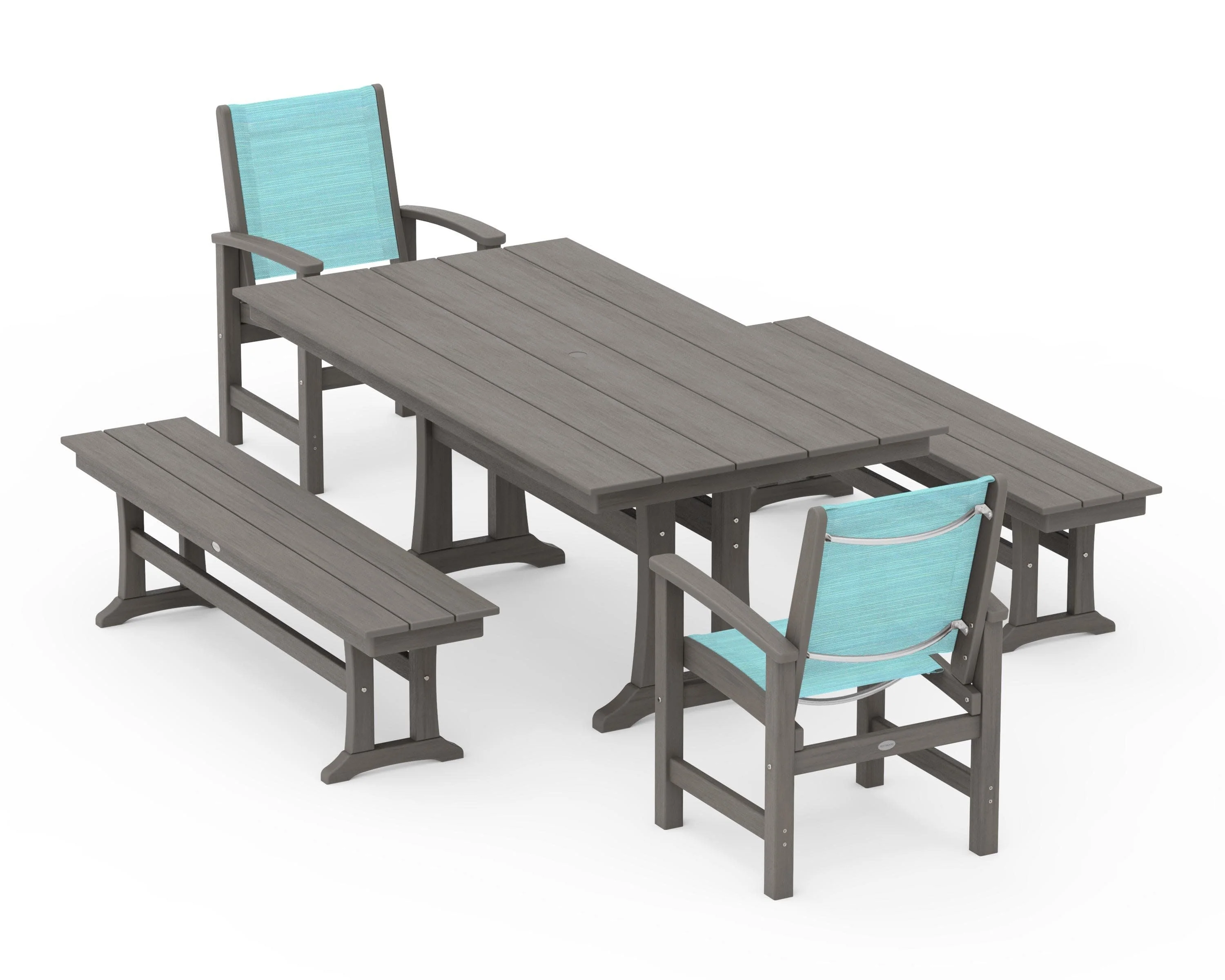 Coastal 5-Piece Farmhouse Dining Set with Trestle Legs and Benches - Image 126