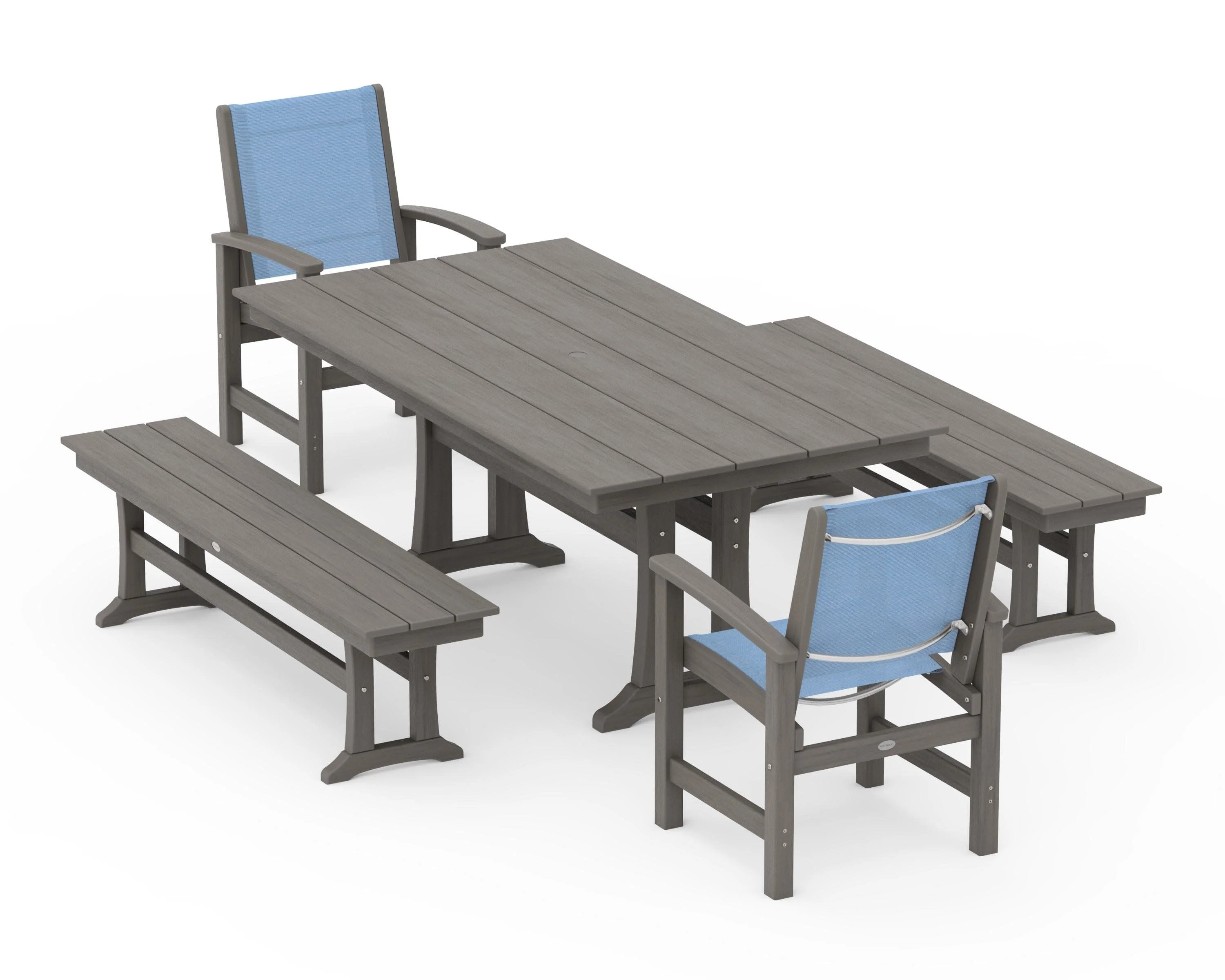 Coastal 5-Piece Farmhouse Dining Set with Trestle Legs and Benches - Image 130