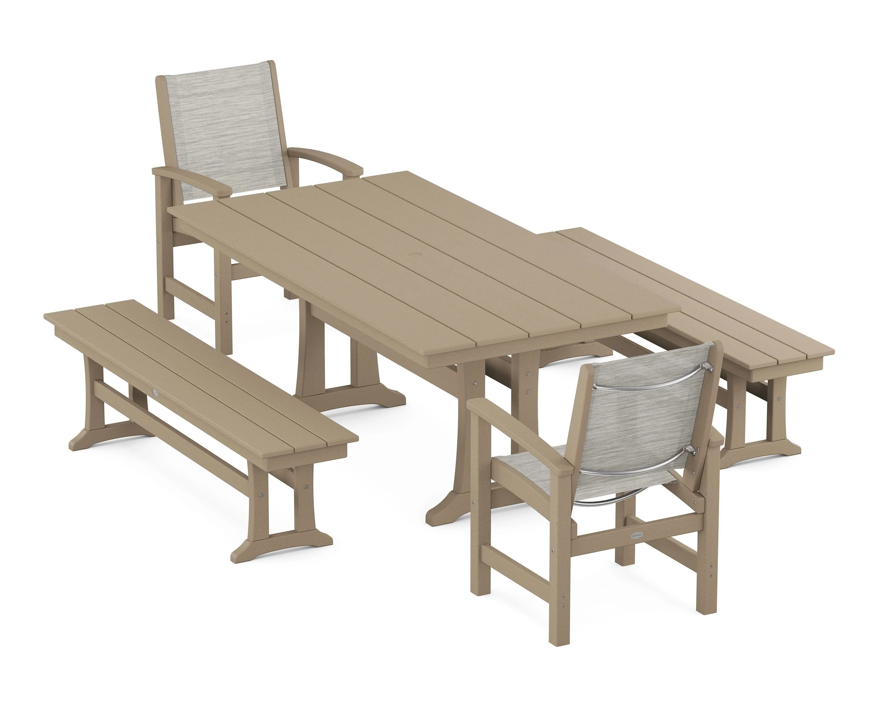Coastal 5-Piece Farmhouse Dining Set with Trestle Legs and Benches - Image 37