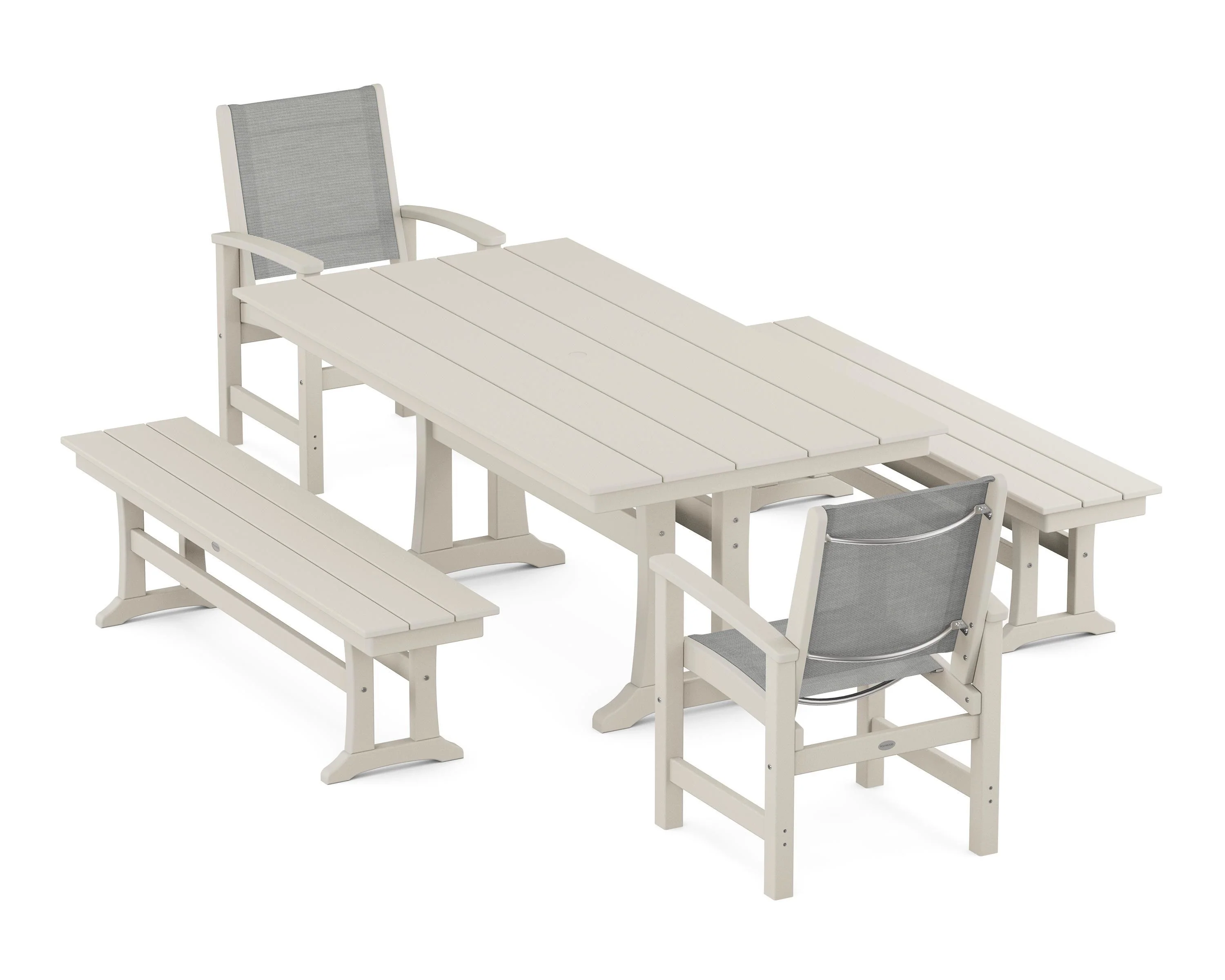 Coastal 5-Piece Farmhouse Dining Set with Trestle Legs and Benches - Image 48