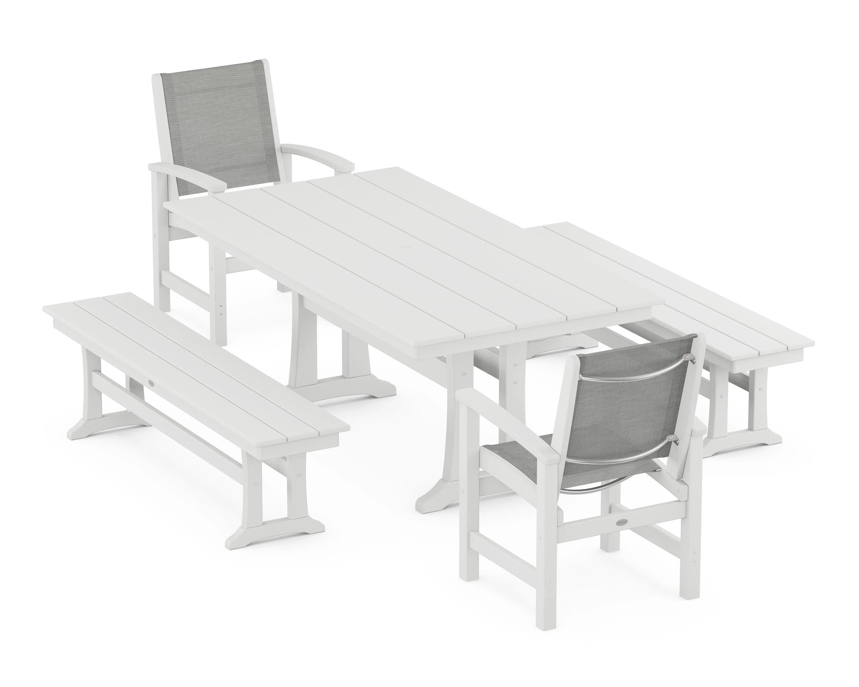 Coastal 5-Piece Farmhouse Dining Set with Trestle Legs and Benches - Image 53