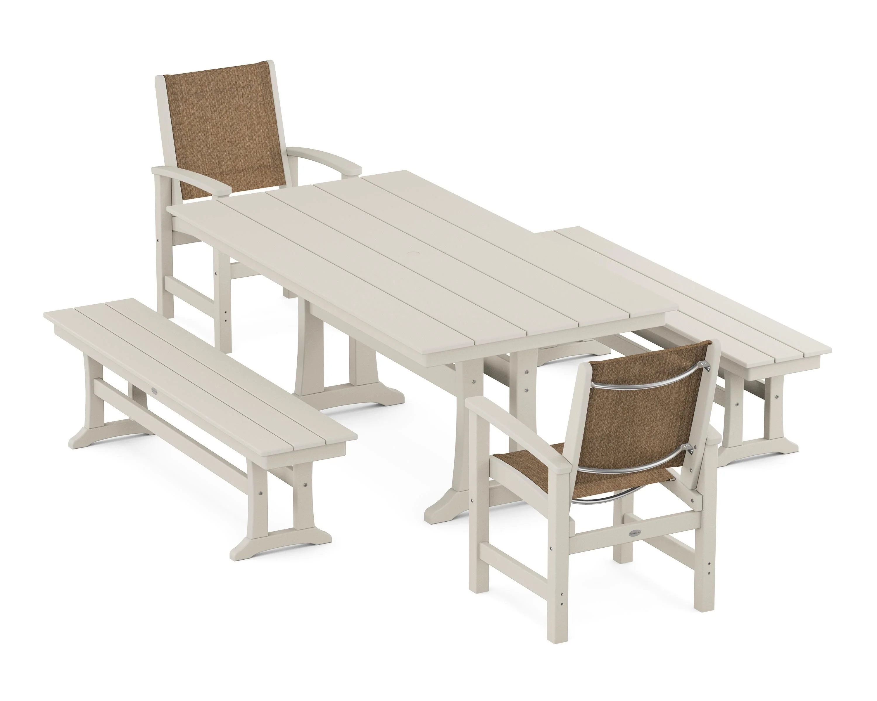 Coastal 5-Piece Farmhouse Dining Set with Trestle Legs and Benches - Image 7