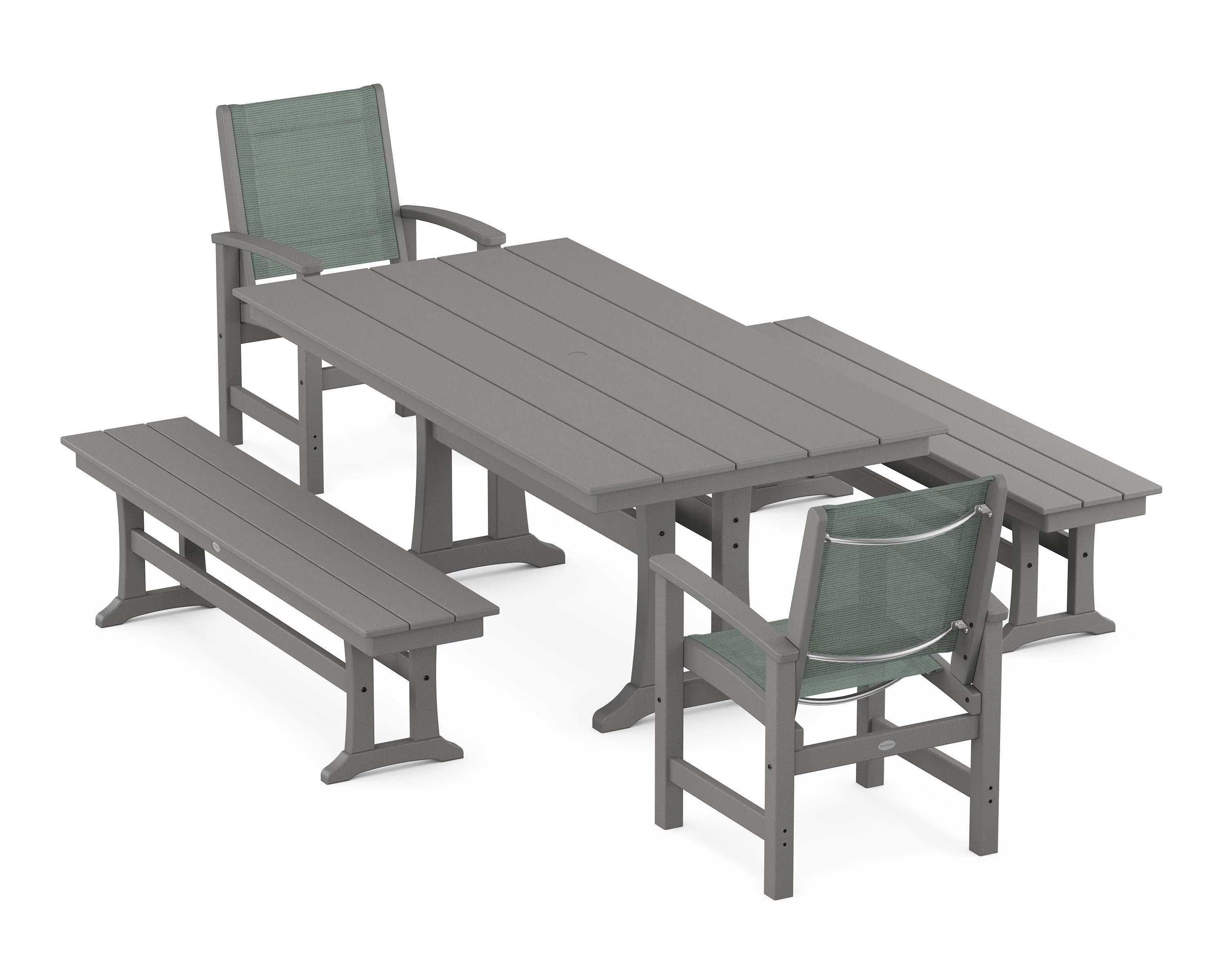 Coastal 5-Piece Farmhouse Dining Set with Trestle Legs and Benches - Image 74