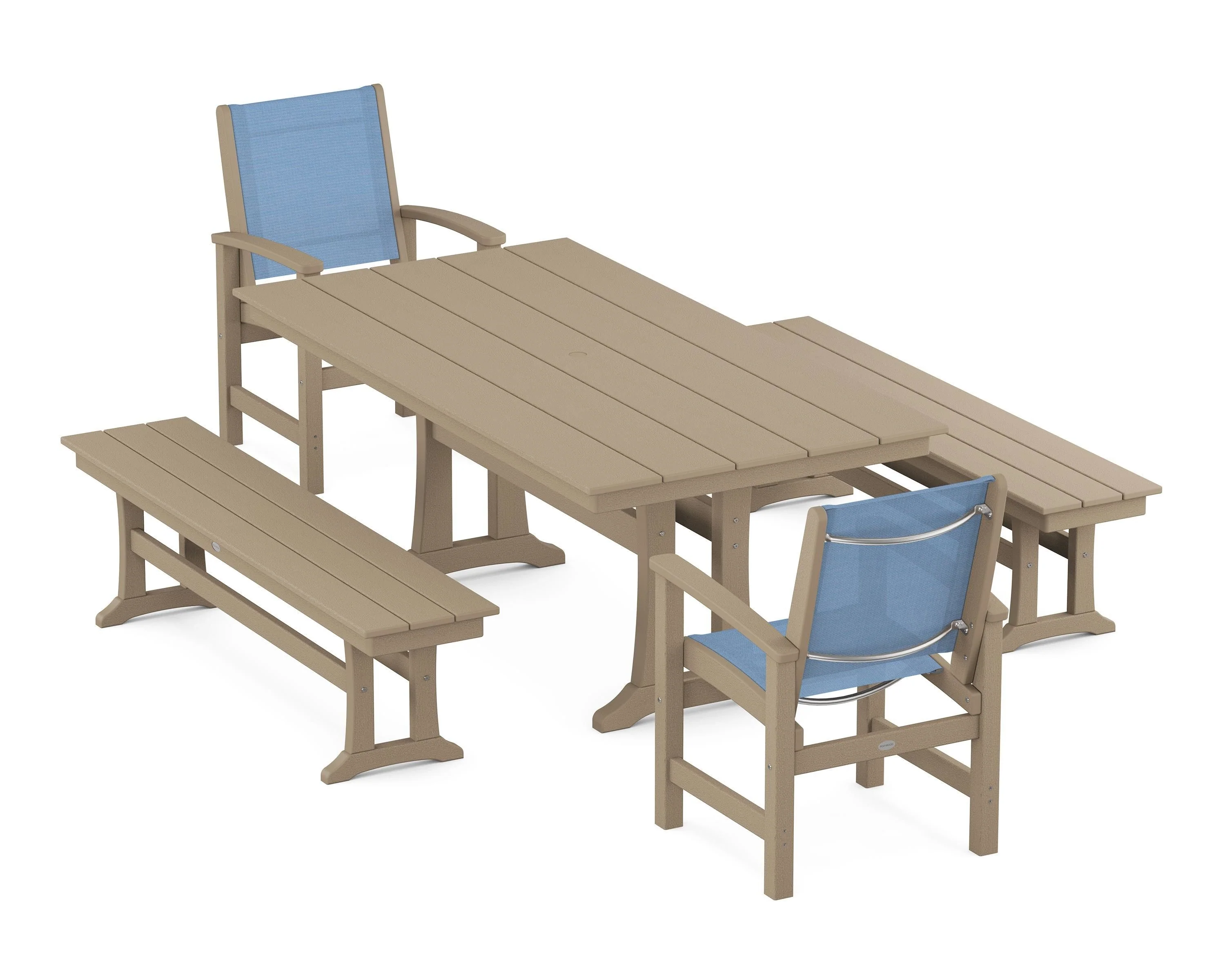 Coastal 5-Piece Farmhouse Dining Set with Trestle Legs and Benches - Image 9