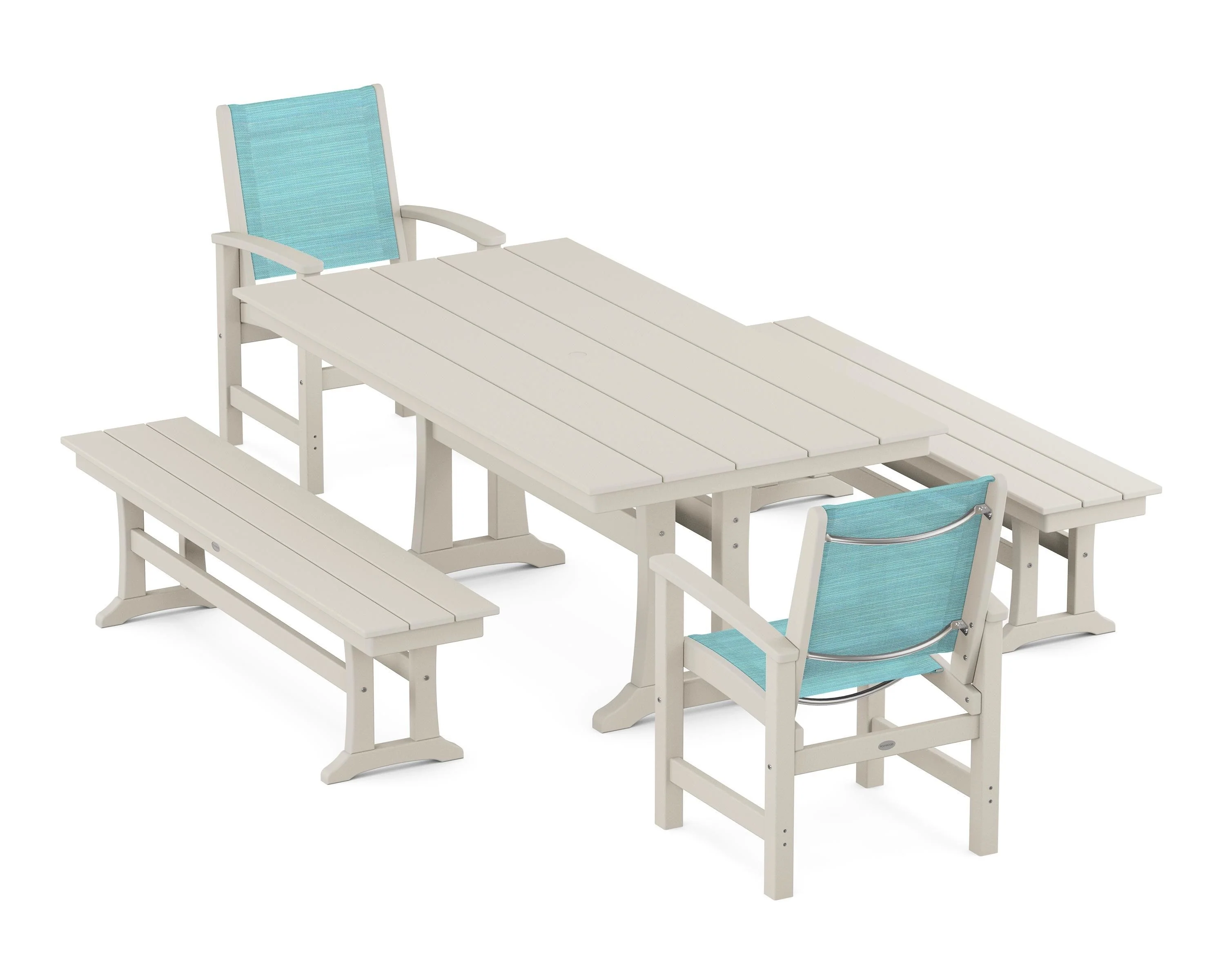 Coastal 5-Piece Farmhouse Dining Set with Trestle Legs and Benches - Image 91