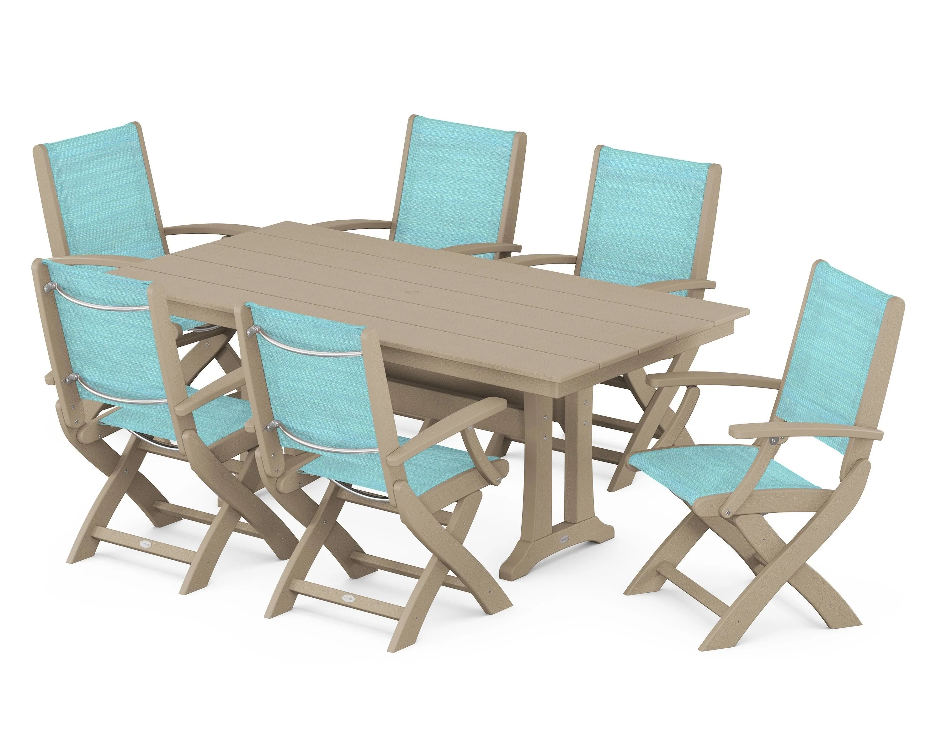 Coastal Folding Arm Chair 7-Piece Farmhouse Dining Set with Trestle Legs - Image 110